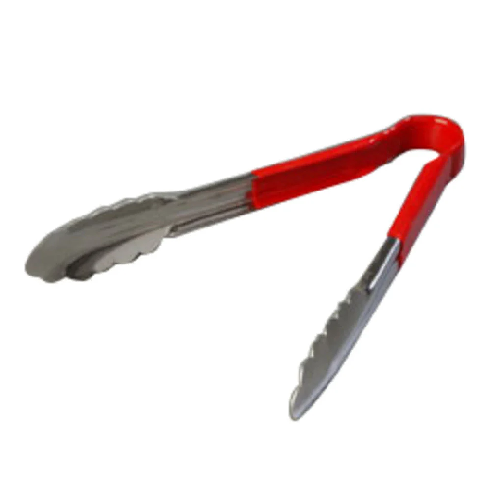 Carlisle 60756005 9-1/2 Inch Utility Tongs One-Piece with Scalloped Edges Red Handle Stainless Steel