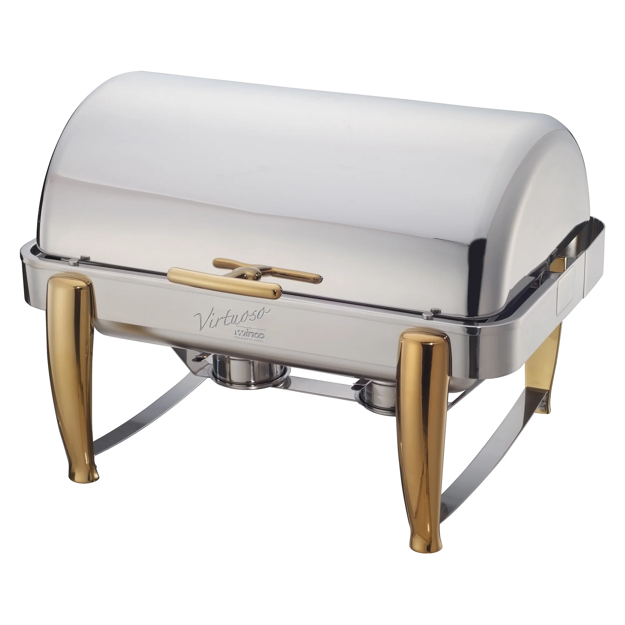 Winco 101A 8 Quart Chafer Rectangular Roll Top Stackable Stainless Steel with Gold Accents - Image 2