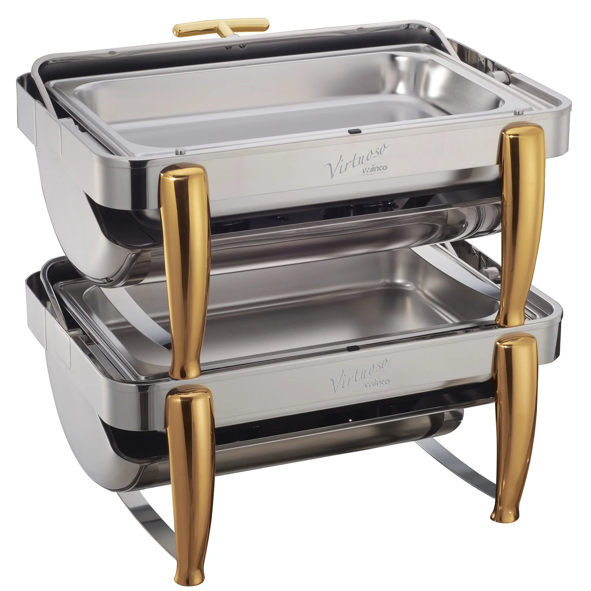 Winco 101A 8 Quart Chafer Rectangular Roll Top Stackable Stainless Steel with Gold Accents - Image 4