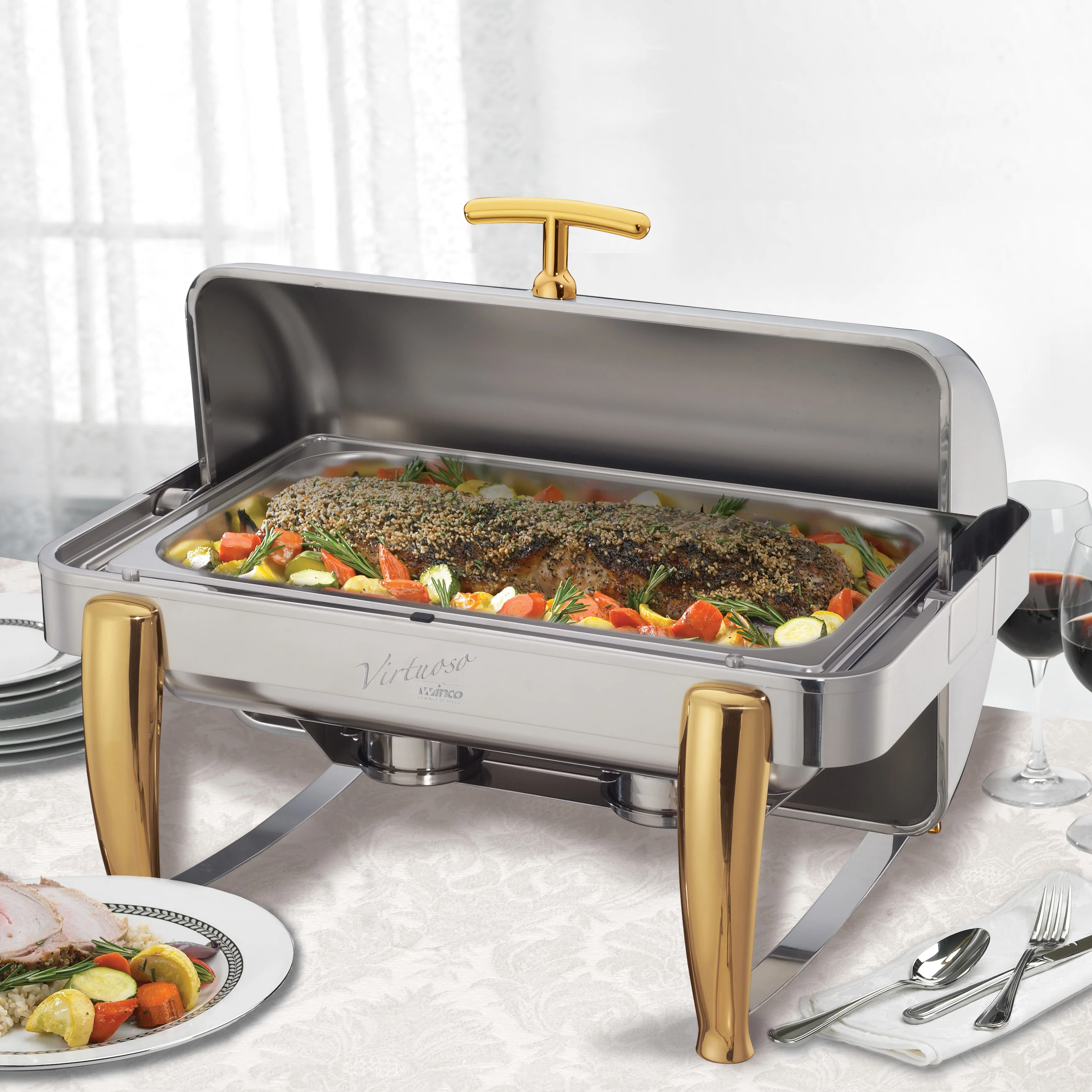 Winco 101A 8 Quart Chafer Rectangular Roll Top Stackable Stainless Steel with Gold Accents - Image 5