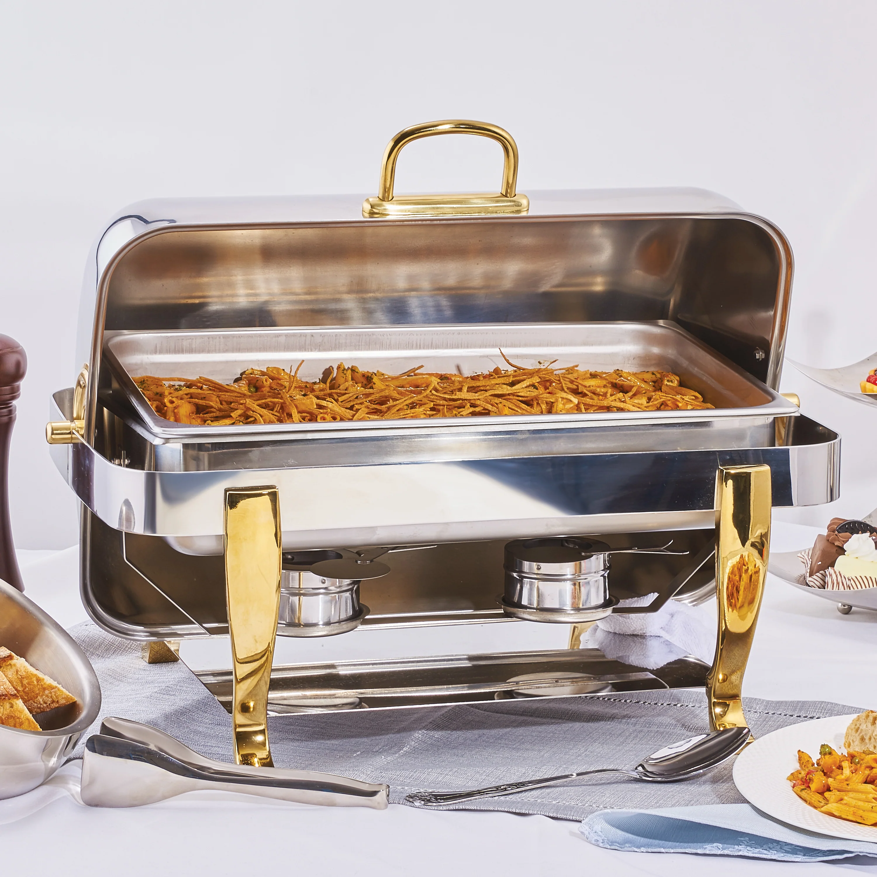 Winco 108A 8 Quart Chafing Dish Roll Top Rectangular Brass Stainless Steel - Image 2