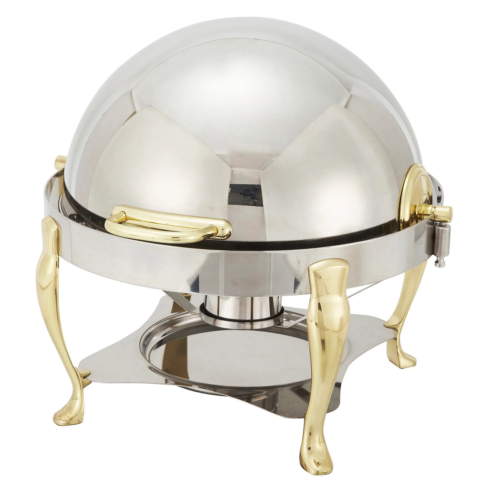 Winco 308A 6 Quarts Round Chafer Roll Top Brass Handles Stainless Steel with Mirror Finish - Image 3