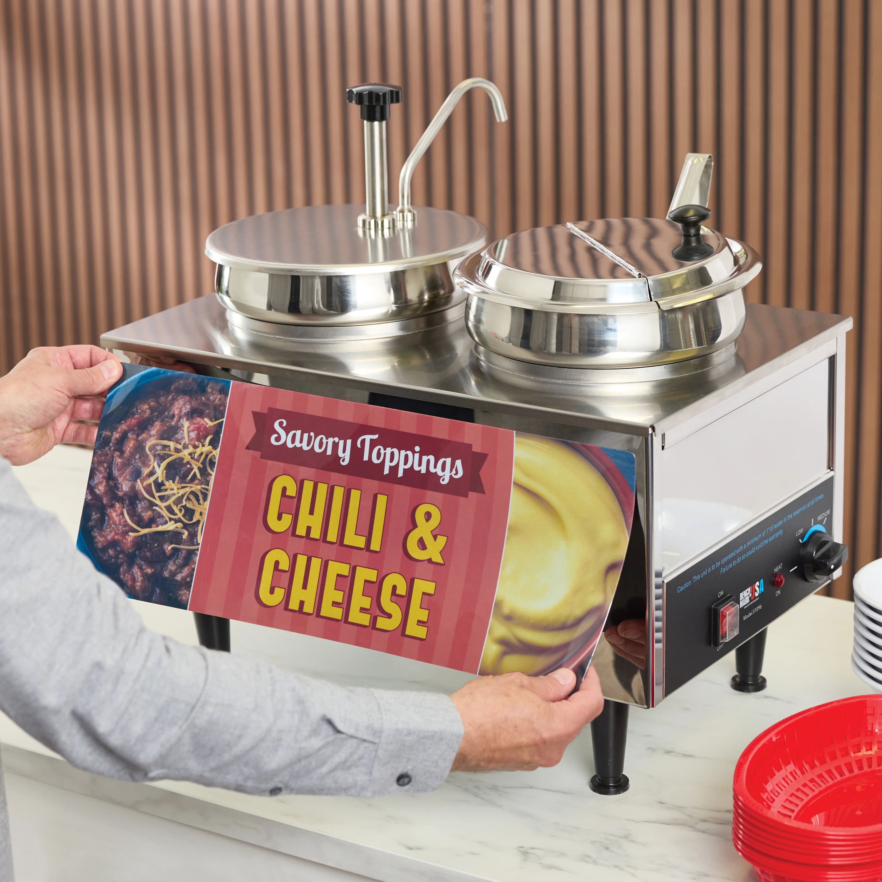 Winco 51073A 21 Inch Countertop Food Topping Warmer with Stainless Steel Pump - Image 3