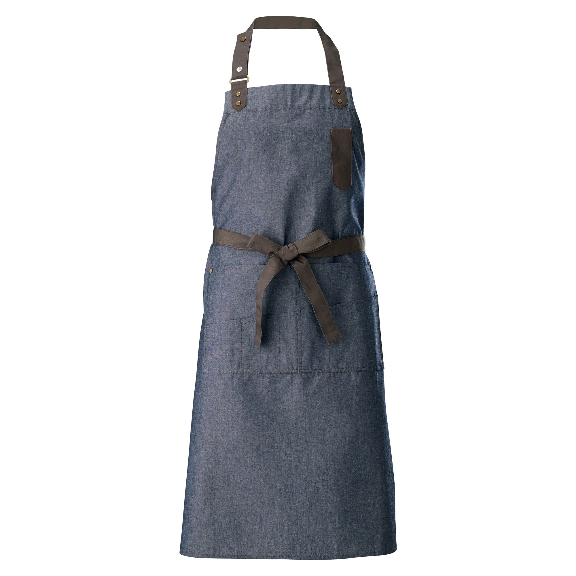 Winco BA-3327B 27 Inch Bib Apron with 8 Pockets Blue Poly-Cotton Blend - Image 4