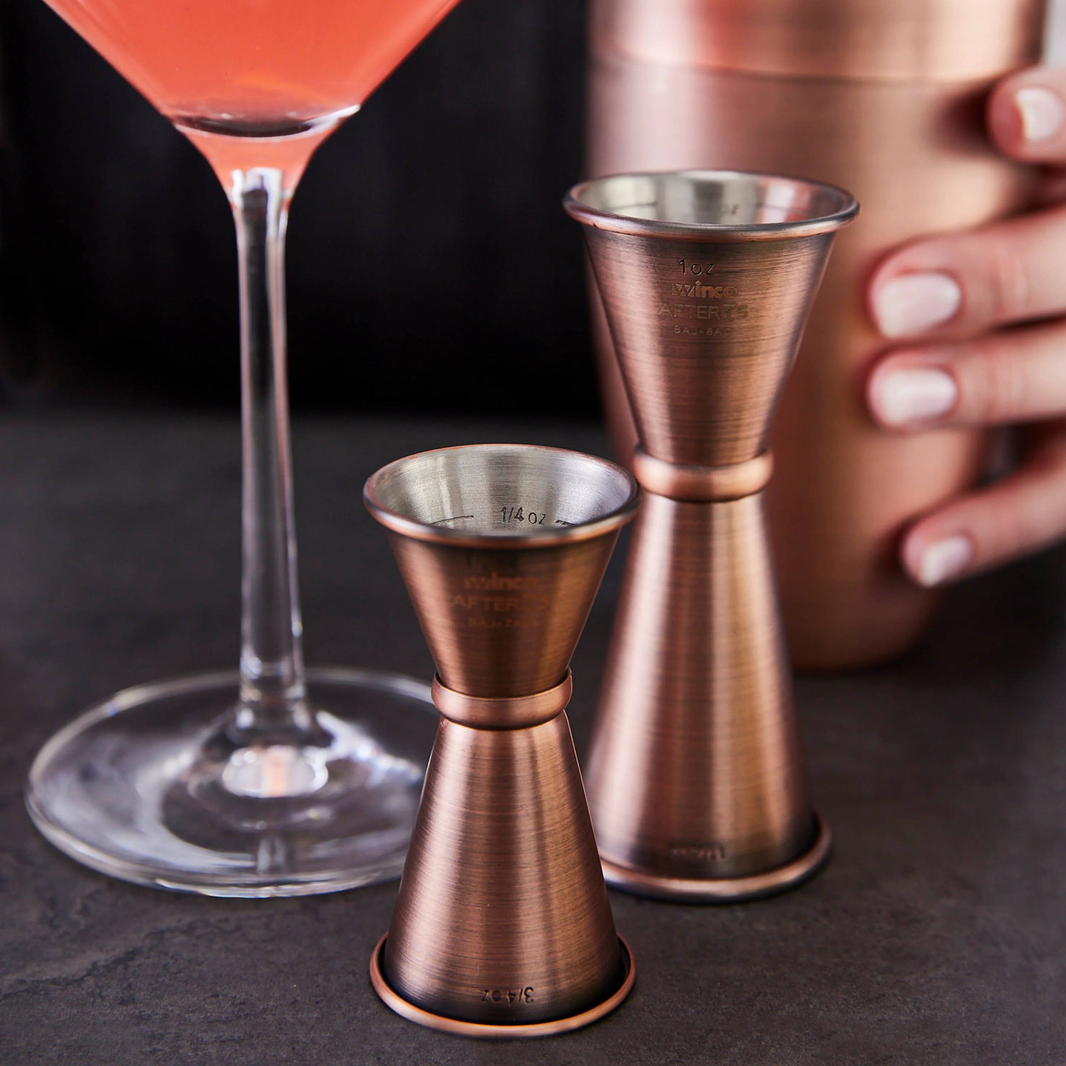 Winco BAJ-7AC 1/2 to 3/4oz Jigger with Inner Marking Lines Antique Copper Finish Stainless Steel - Image 2