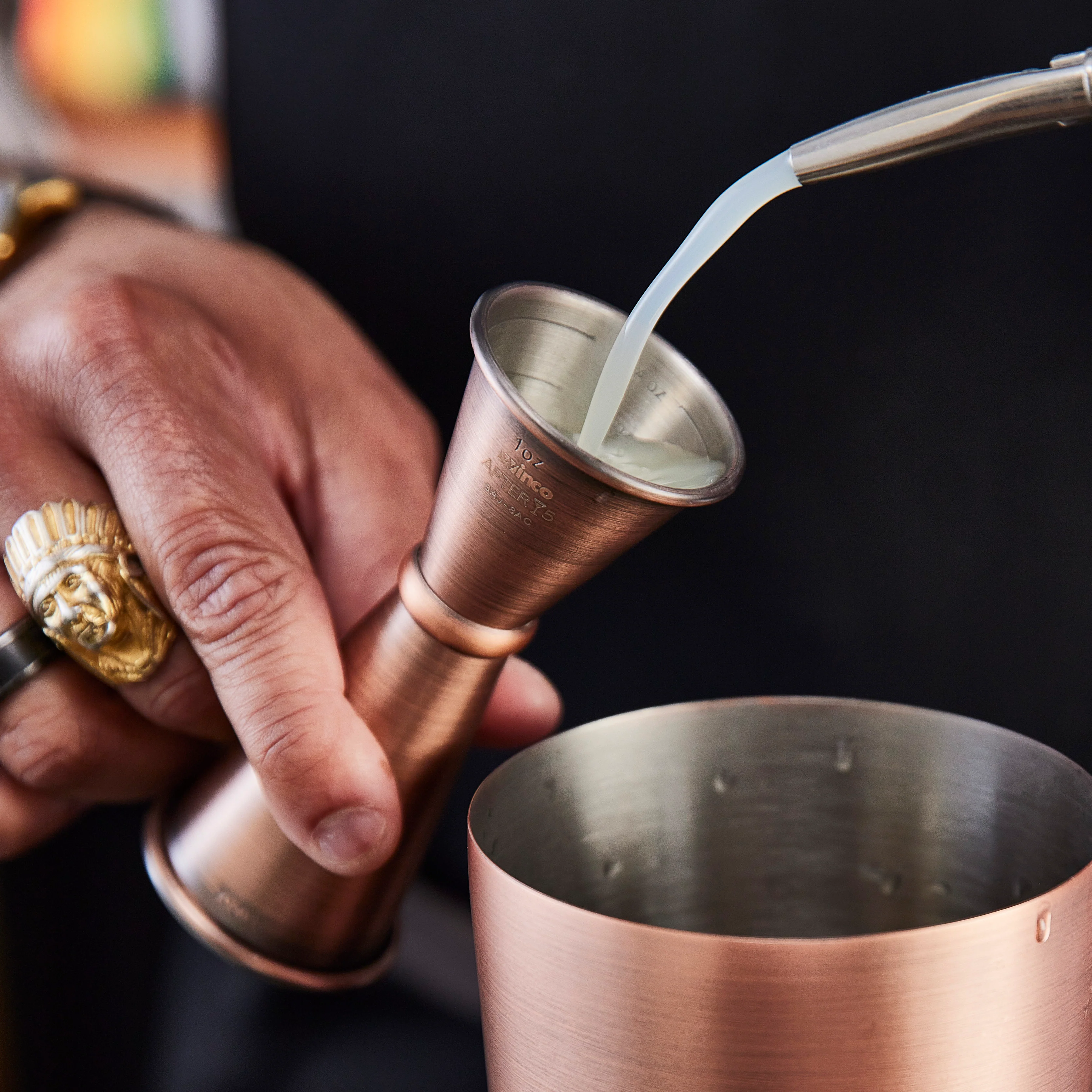 Winco BAJ-9AC 1 oz to 2 oz Jigger with Inner Marking Lines Antique Copper Finish Stainless Steel - Image 5