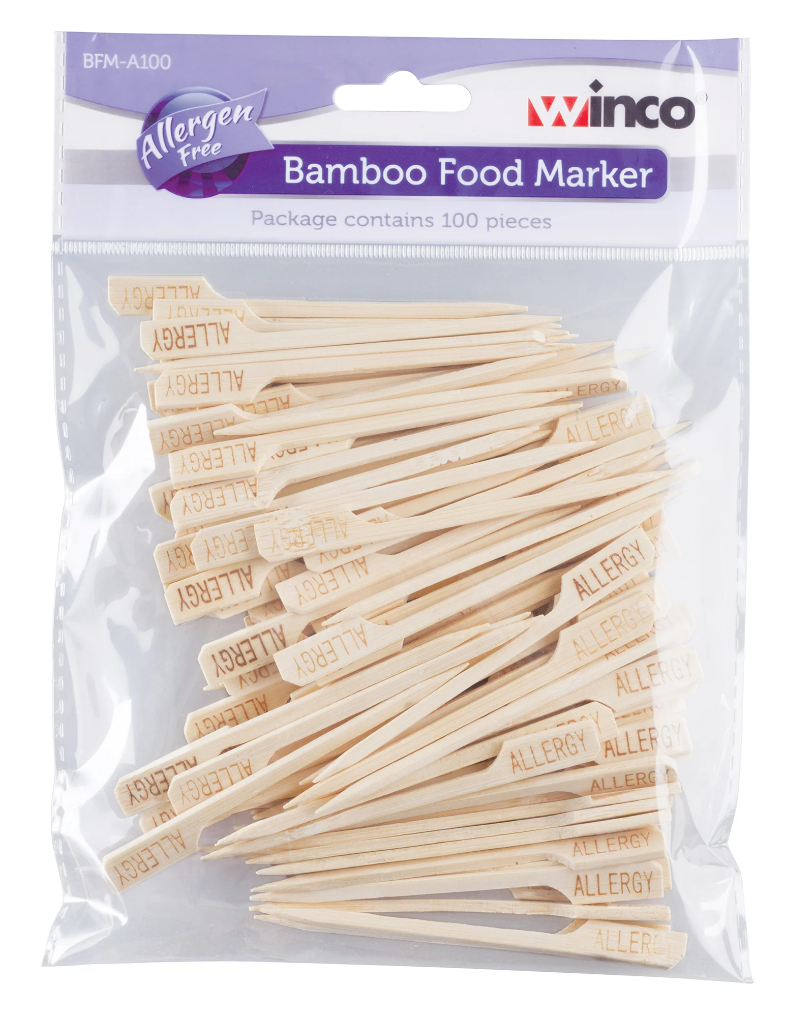 Winco BFM-A100 3-1/2 Inch Food Marker Allergen Free Bamboo 100 Packs