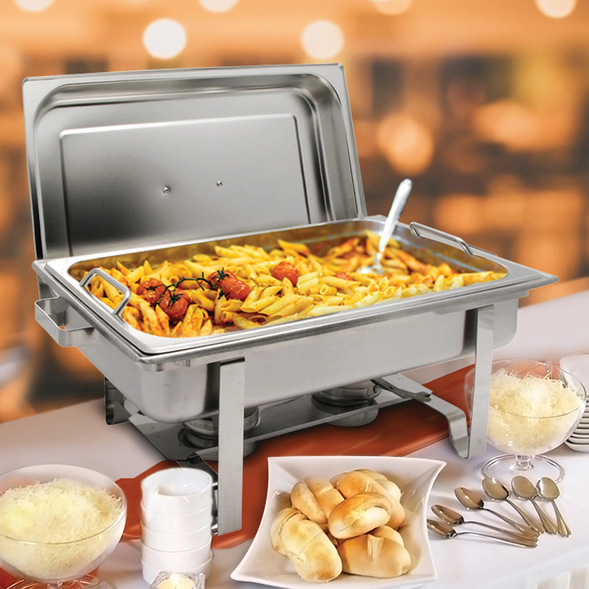 Winco C-2080B 8 Qt Full Size Rectangular Chafing Dish with Lid Clips Safety Handles Stainless Steel - Image 4