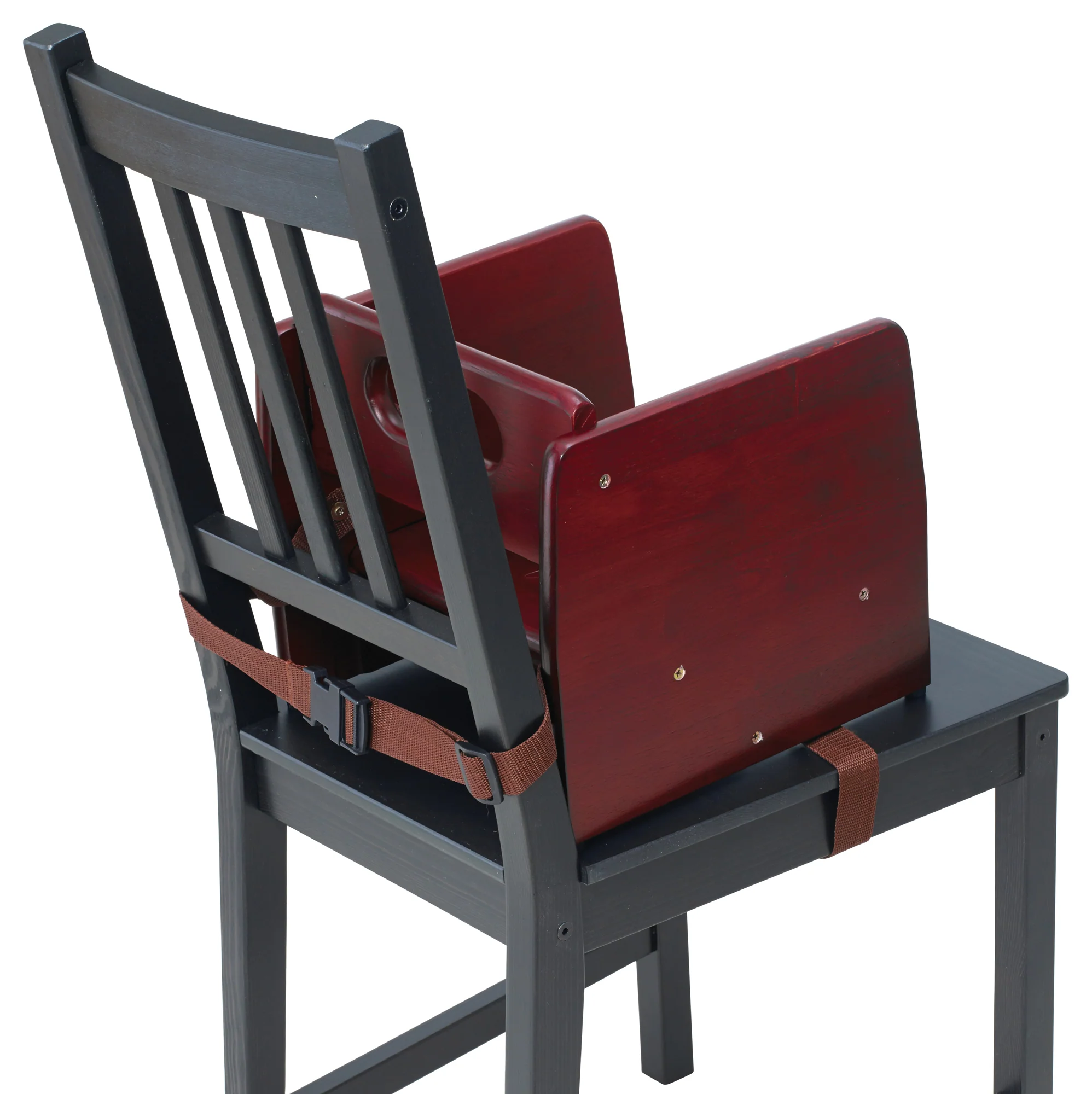 Winco CHB-703 11-3/4 Inch Booster Seat Wood with Waist and Chair Straps Mahogany Finish - Image 2