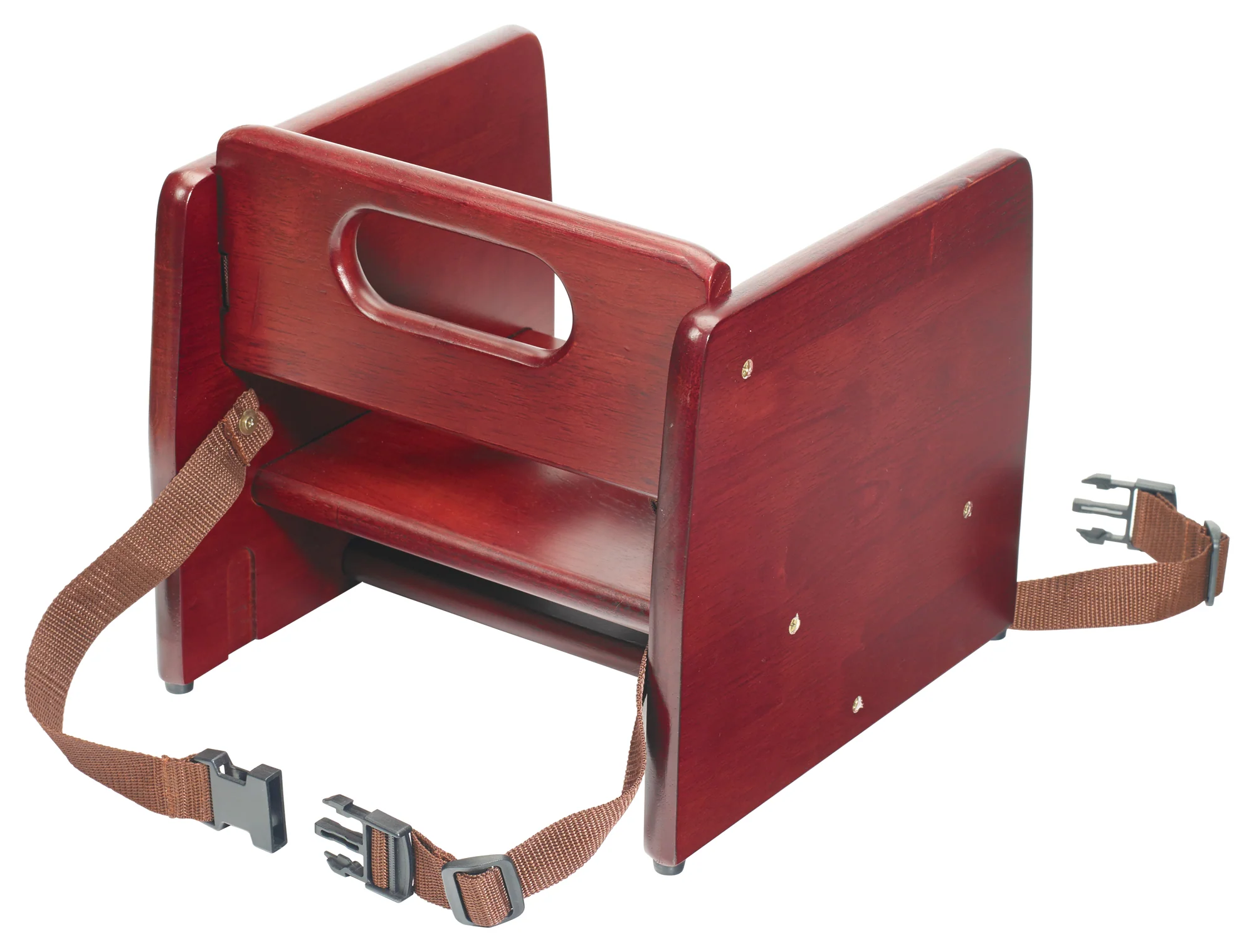 Winco CHB-703 11-3/4 Inch Booster Seat Wood with Waist and Chair Straps Mahogany Finish - Image 4