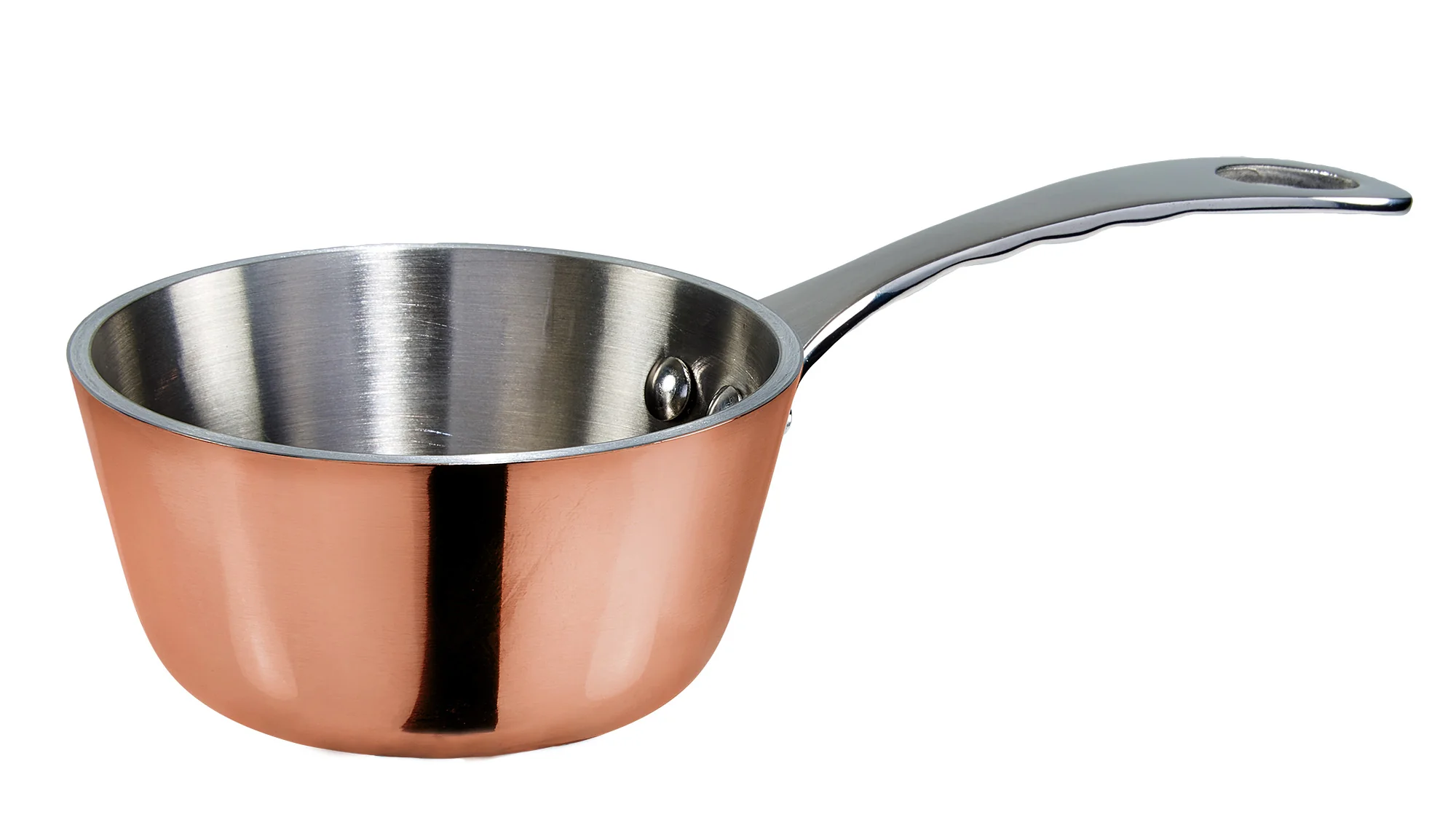 Winco DCSC-3C 5 Oz Mini Saucier Round Induction Ready Riveted Handle Tri-Ply Aluminum Stainless Steel Copper Plated - Image 3