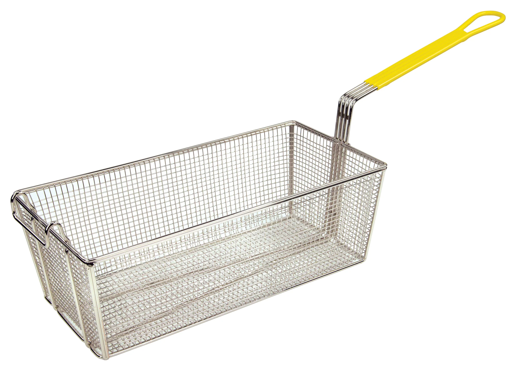 Winco FB-40 17 Inch Rectangular Fry Basket Nickel Plated Steel with Yellow Handle - Image 2