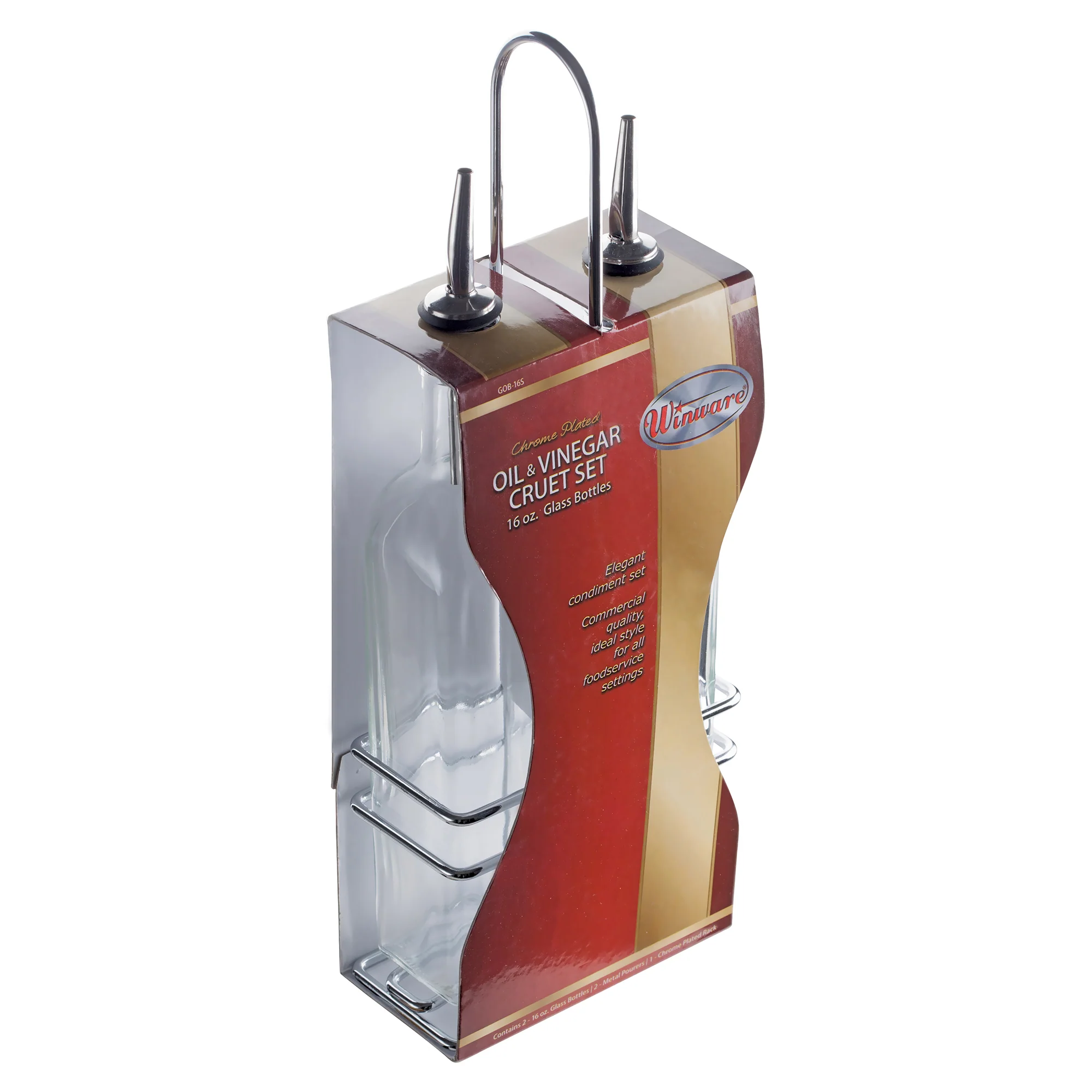 Winco GOB-16S 16 Oz Cruet Set with Chrome Plated Rack and Lids - Image 4