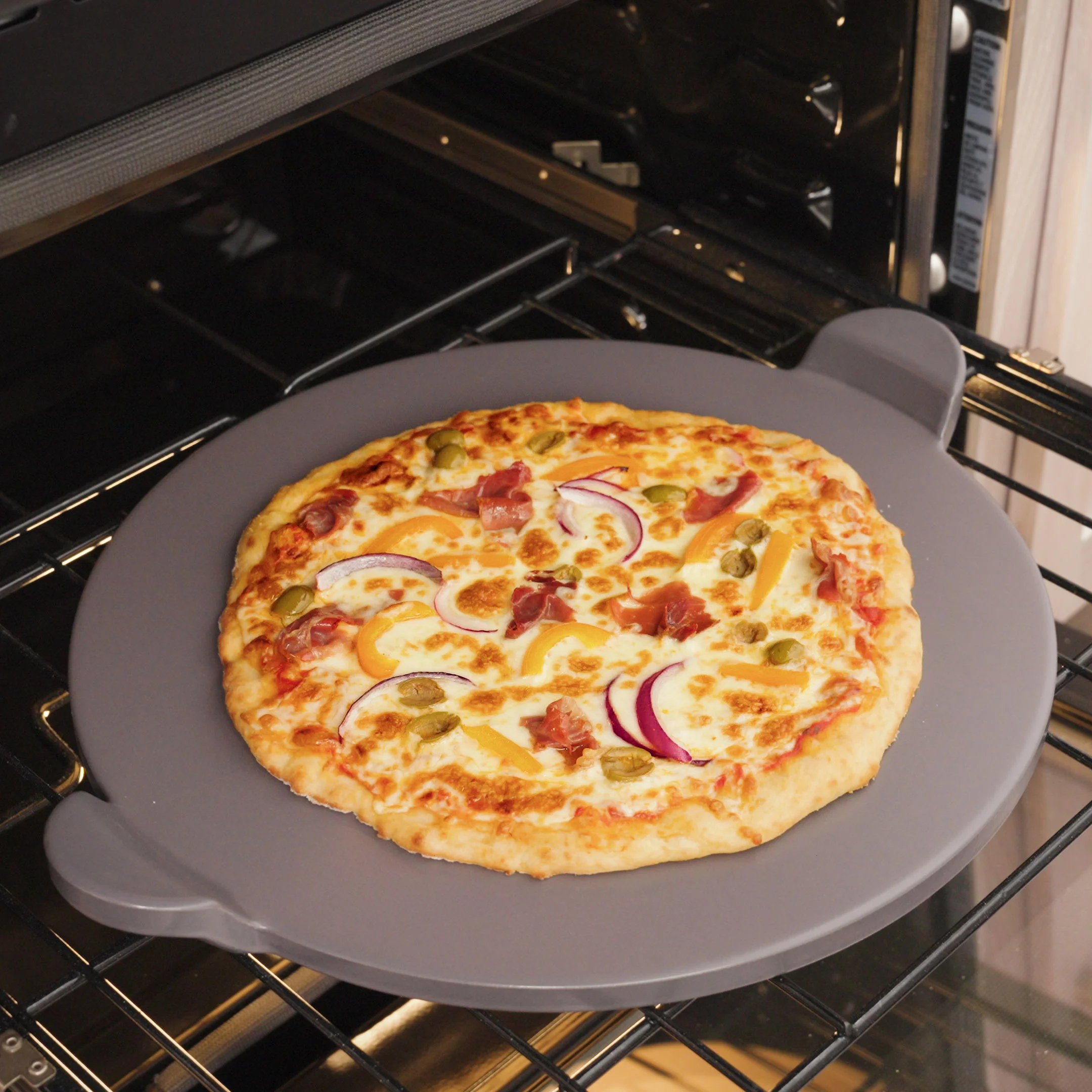Winco GPS15H-G 15 Inch Pizza Stone with Handles Glazed Grey Round - Image 4