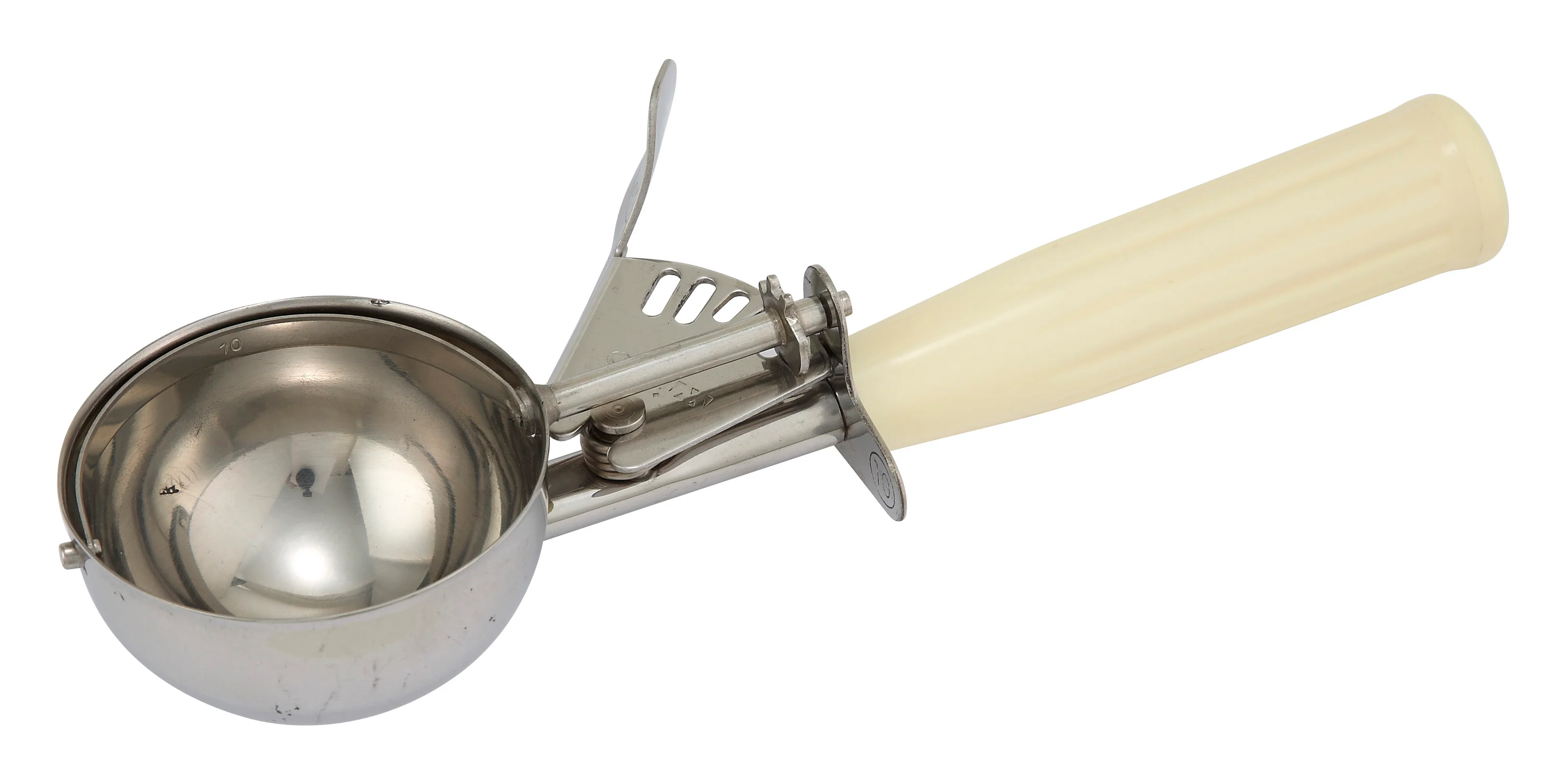 Winco ICD-10 3-3/4 Oz. Ice Cream Disher Thumb Press Ivory Plastic Handle Stainless Steel - Image 3