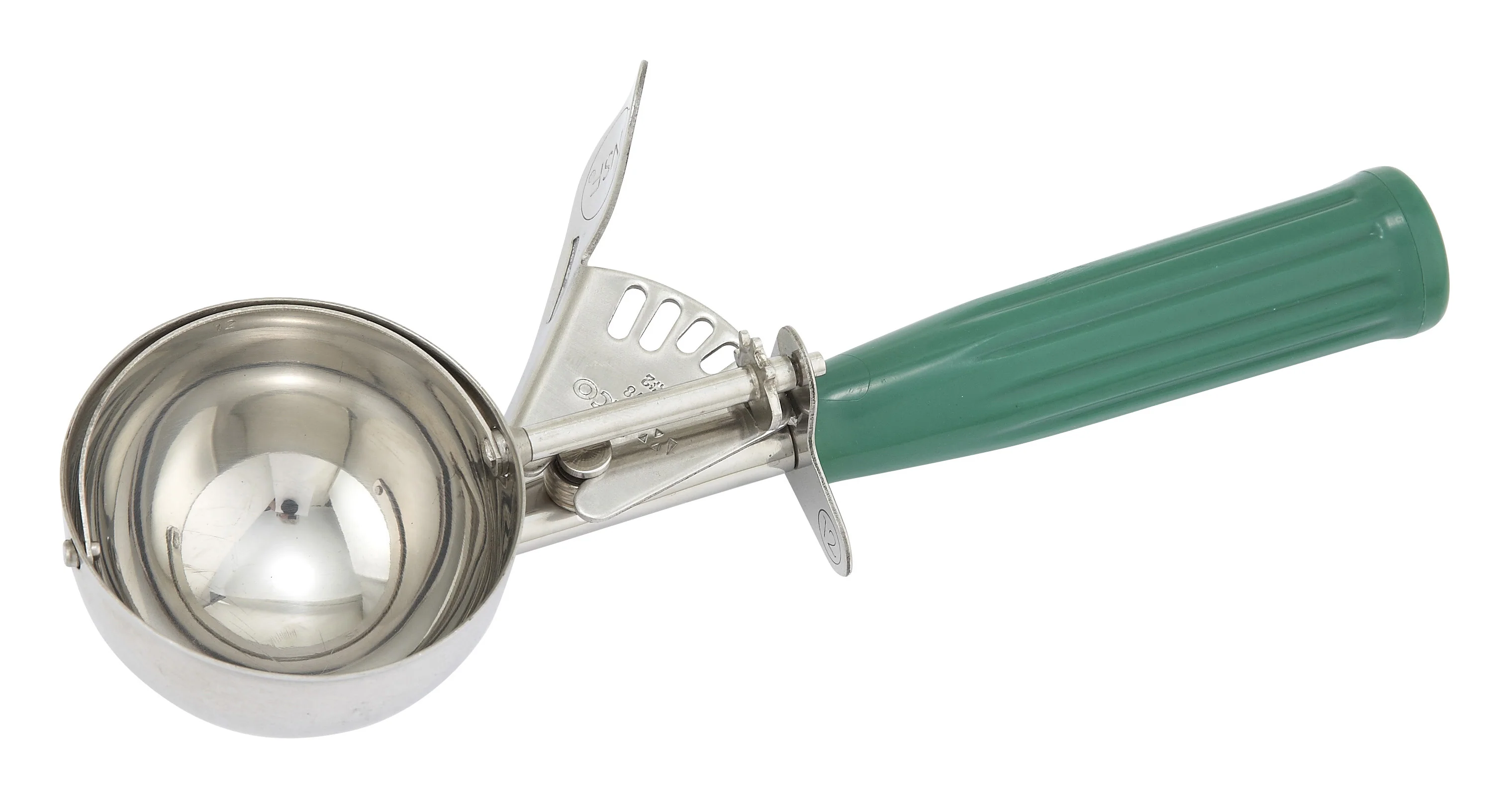 Ice Cream Disher Size 12 - Winco ICD-12 3.25 oz Green Handle Thumb-Press Stainless - Image 2