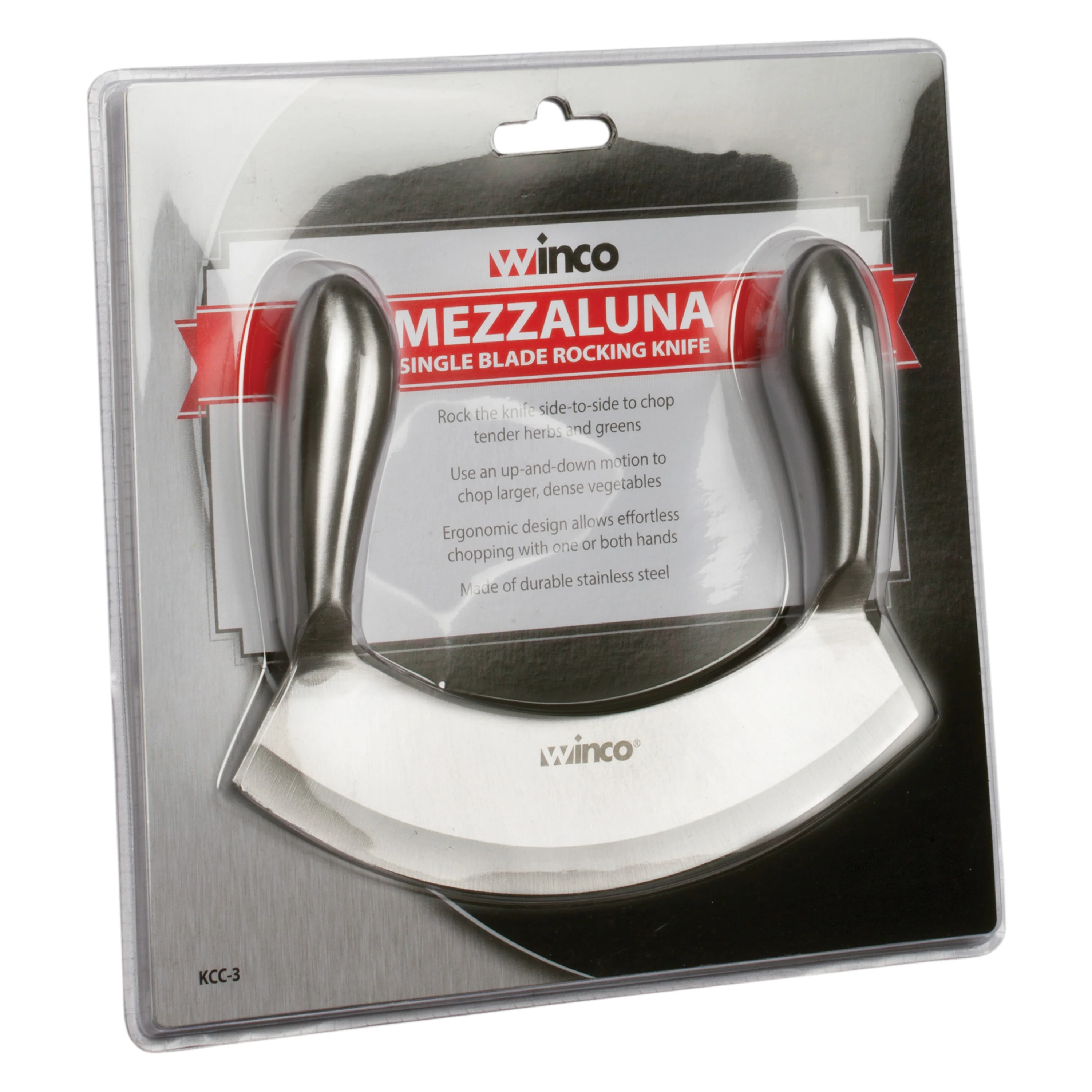 Winco KCC-3 6-9/10 Inch Blade Single Blade Mezzaluna Knife with Handle Stainless Steel - Image 2