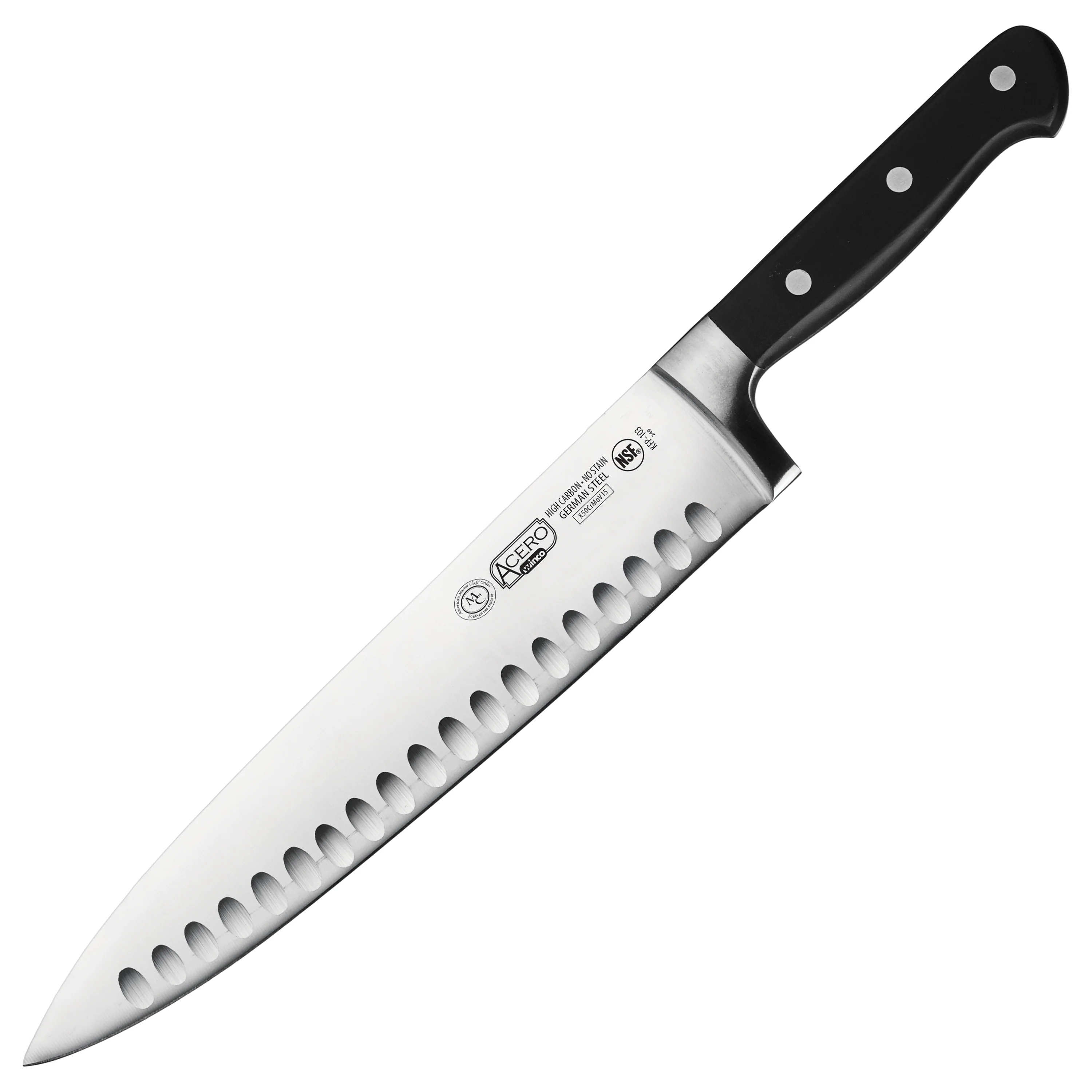 Winco KFP-103 10 Inch Blade Hollow Ground Edge Chef Knife POM Handle Black Forged High Carbon Stainless Steel - Image 2