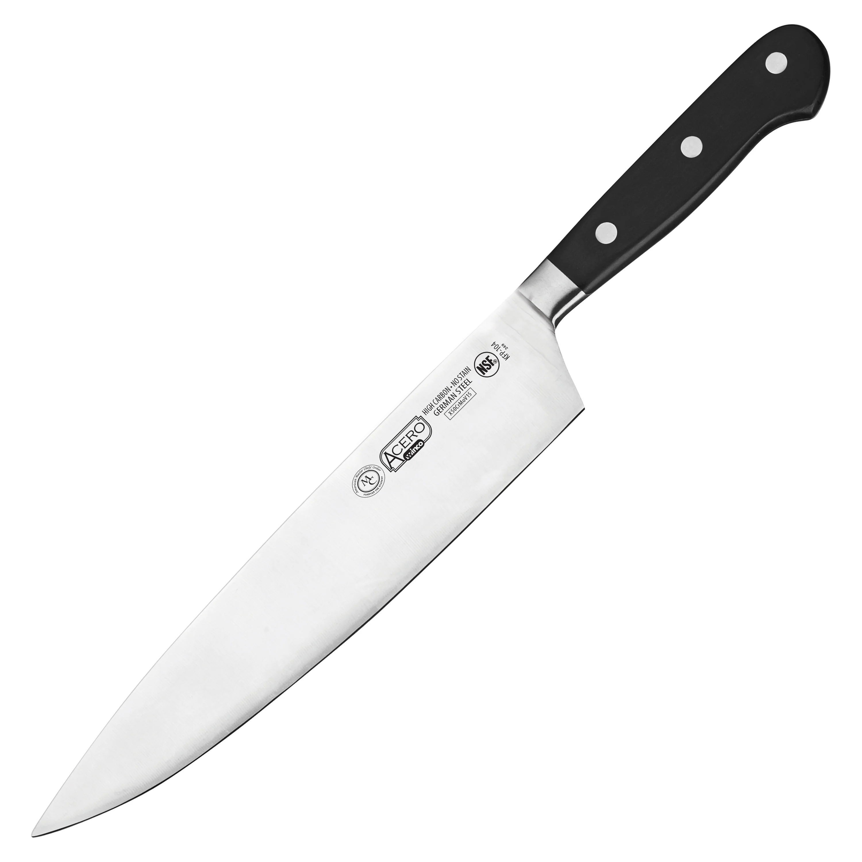 Winco KFP-104 10 Inch Blade Acero Chef Knife Short Bolster Black POM - Image 2