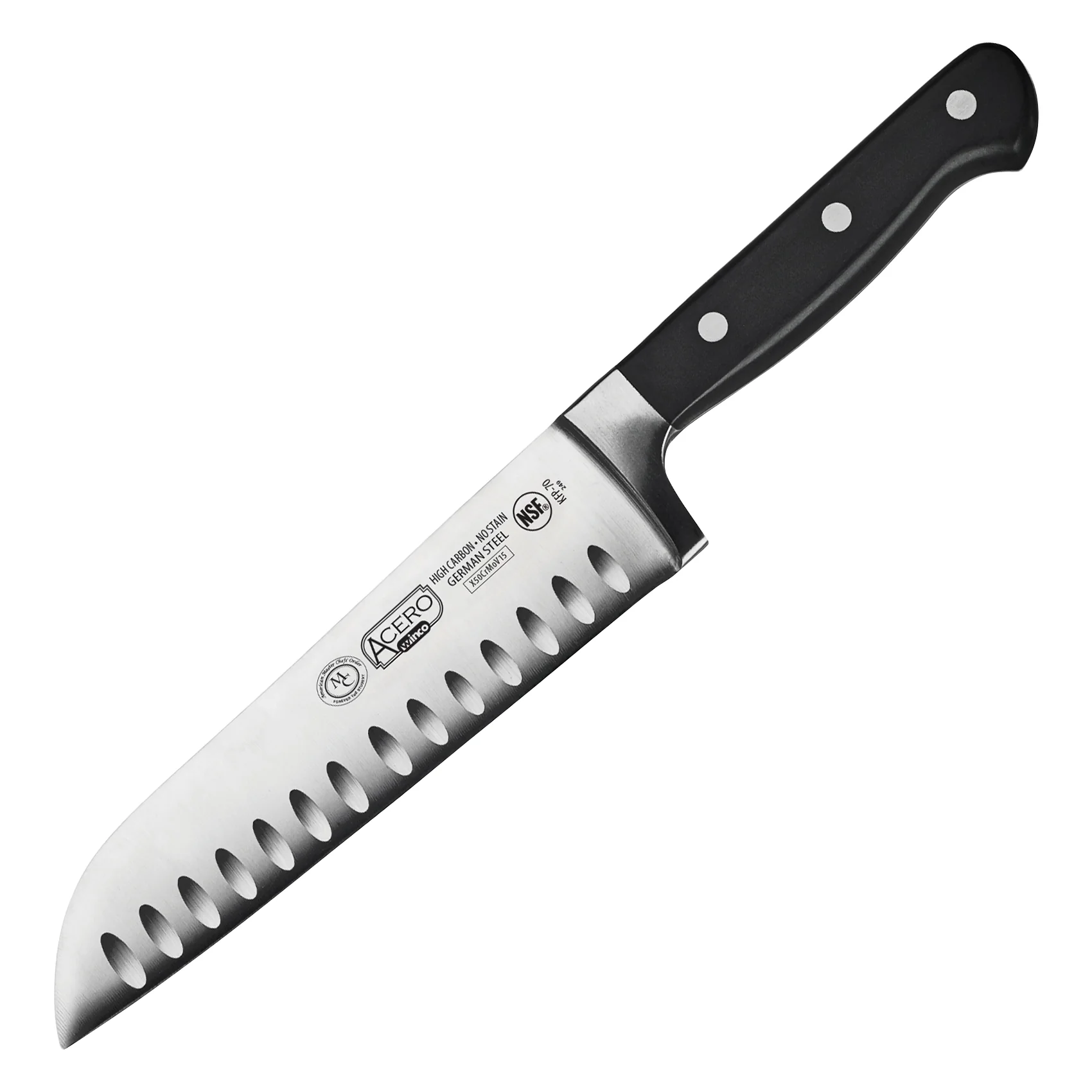 Winco KFP-70 7 Inch Blade 12 Inch Overall Length Acero Santoku Knife Black Plastic - Image 2