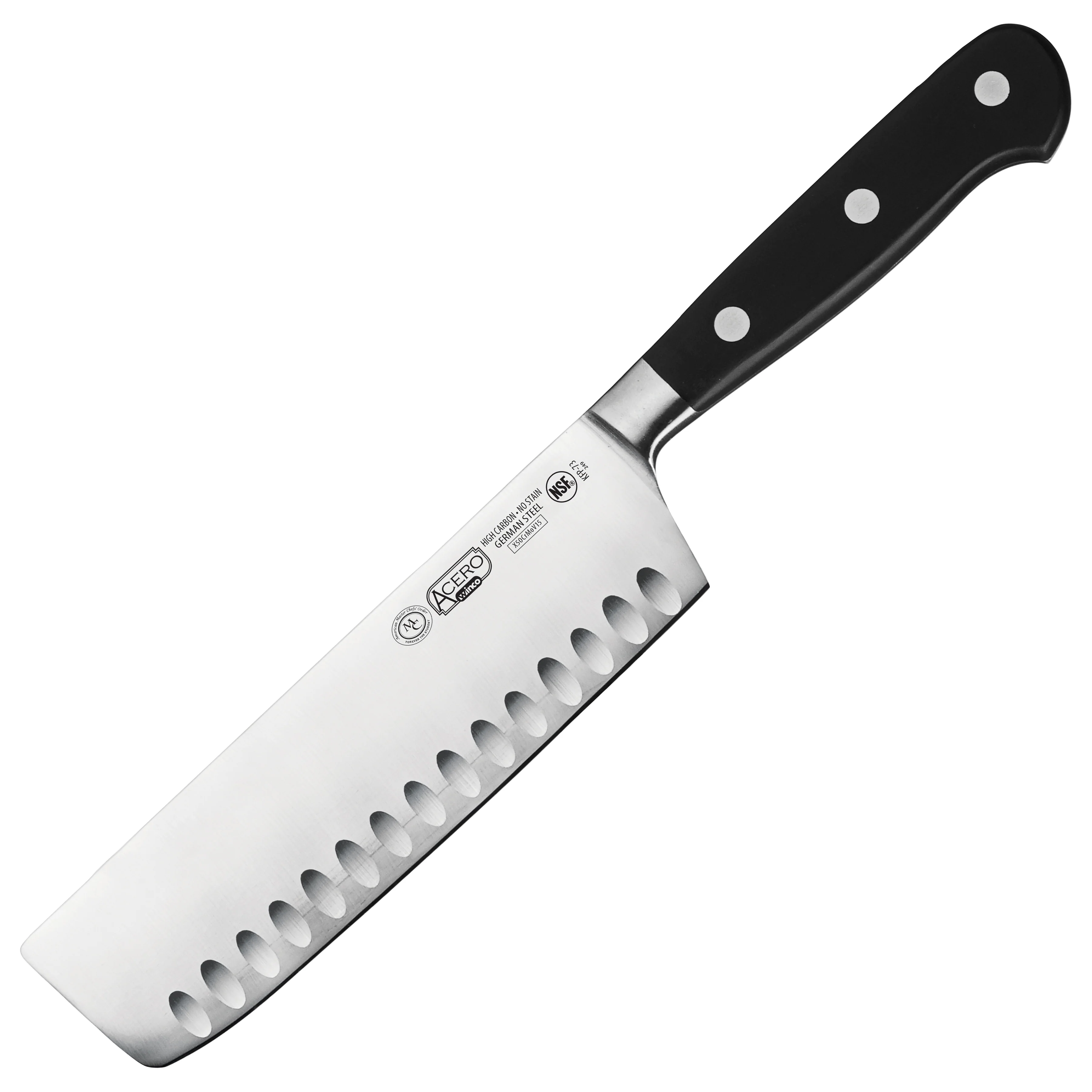 Winco KFP-73 7 Inch Blade 11-3/4 Inch Overall Acero Nakiri Knife High Carbon Stainless Steel Black Handle - Image 2