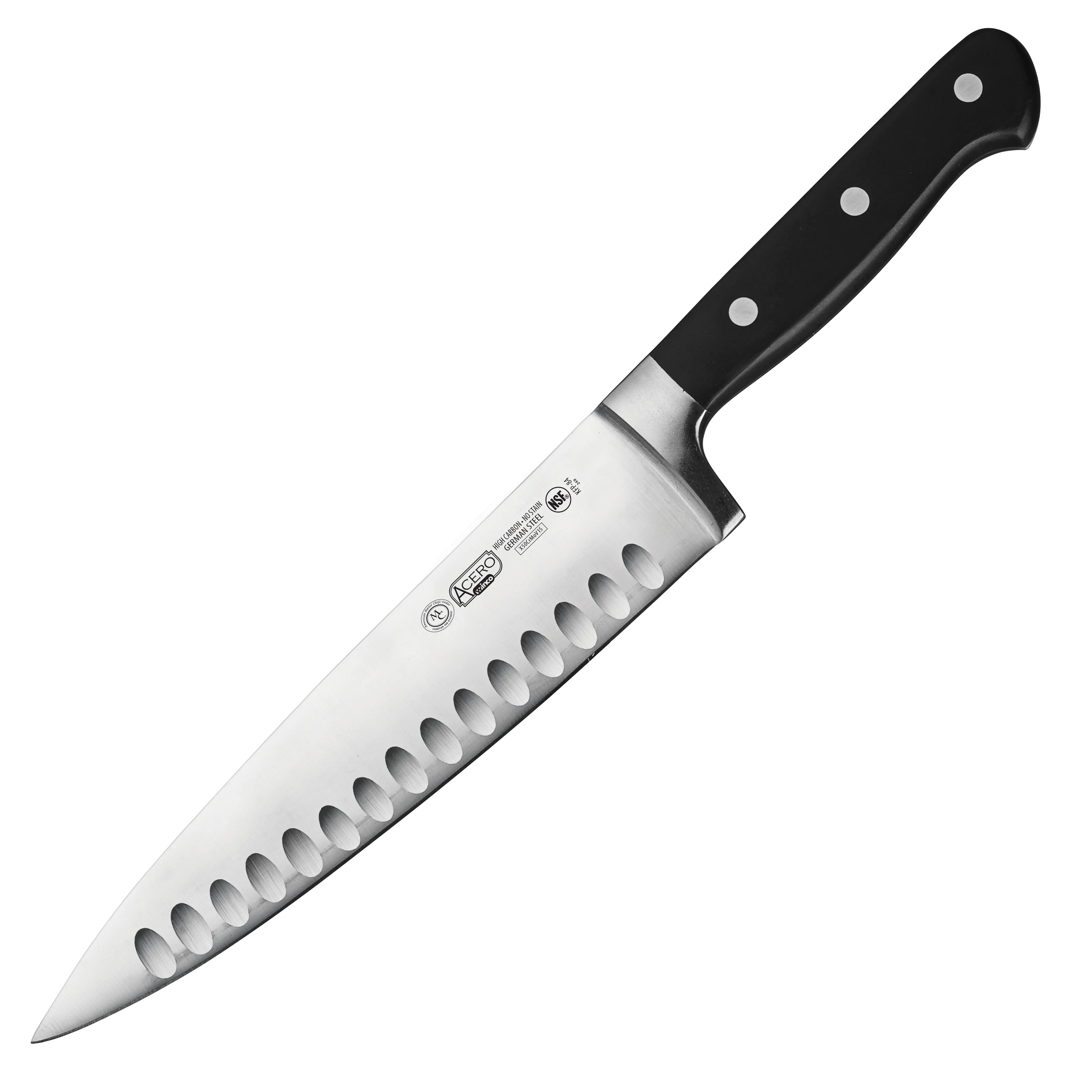Winco KFP-84 8 Inch Blade Hollow Ground Edge Chef Knife Black POM Handle - Image 2
