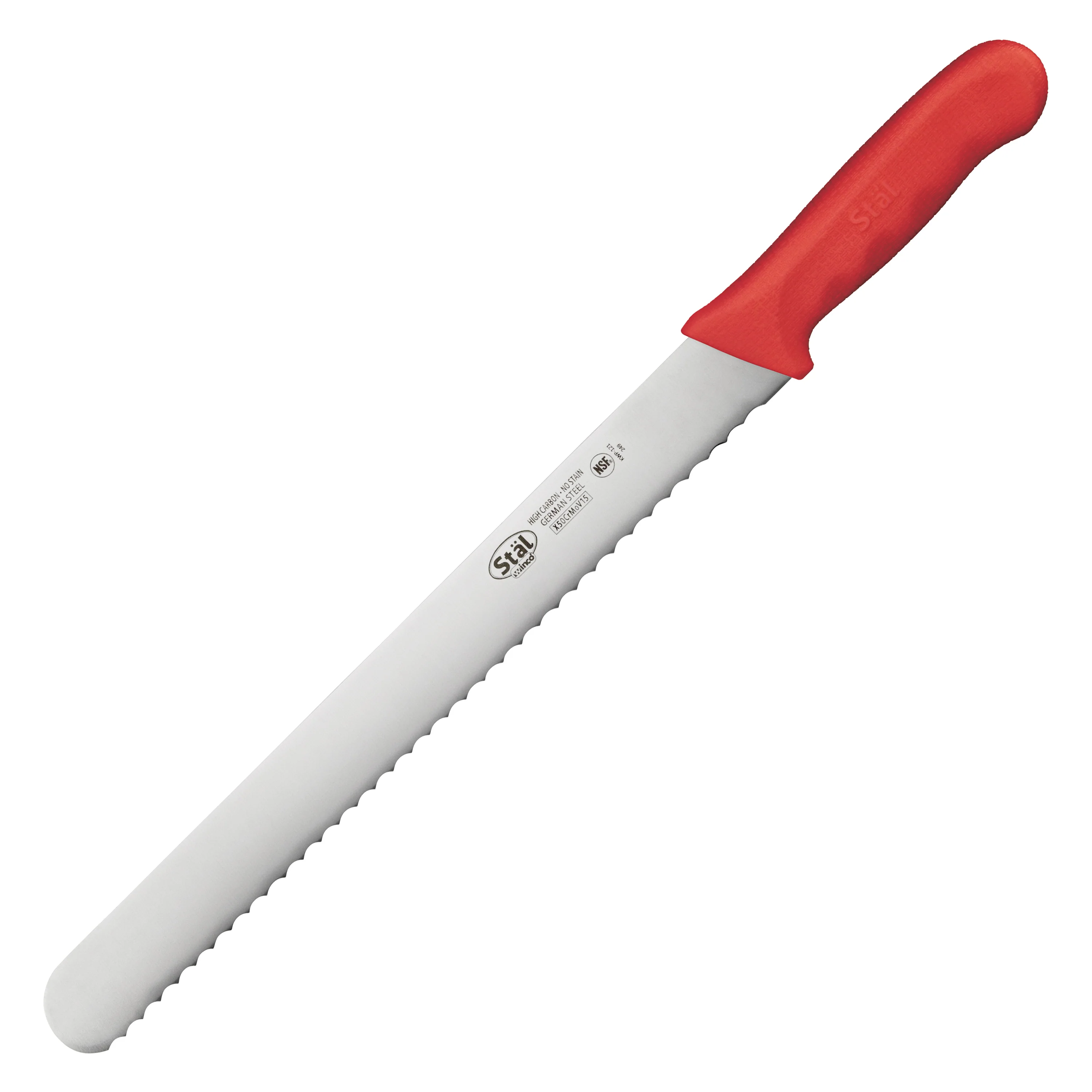 Winco KWP-121R 12 Inch Blade Red Polypropylene Handle Knife Wavy Edge High Carbon No Stain German Steel - Image 2