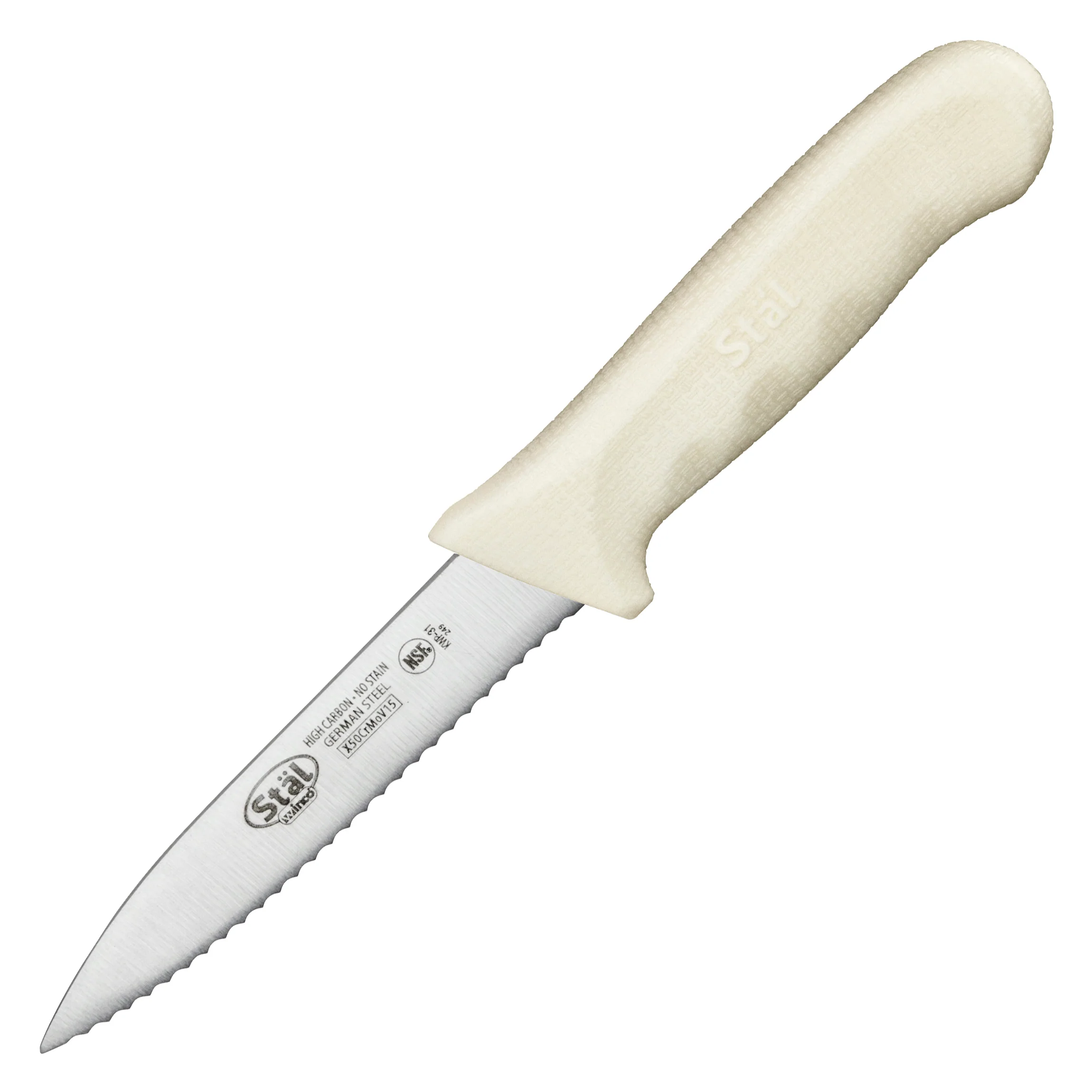 Winco KWP-31 3-1/2 Inch Serrated Paring Knife High Carbon No-Stain Steel White Handle - Image 2
