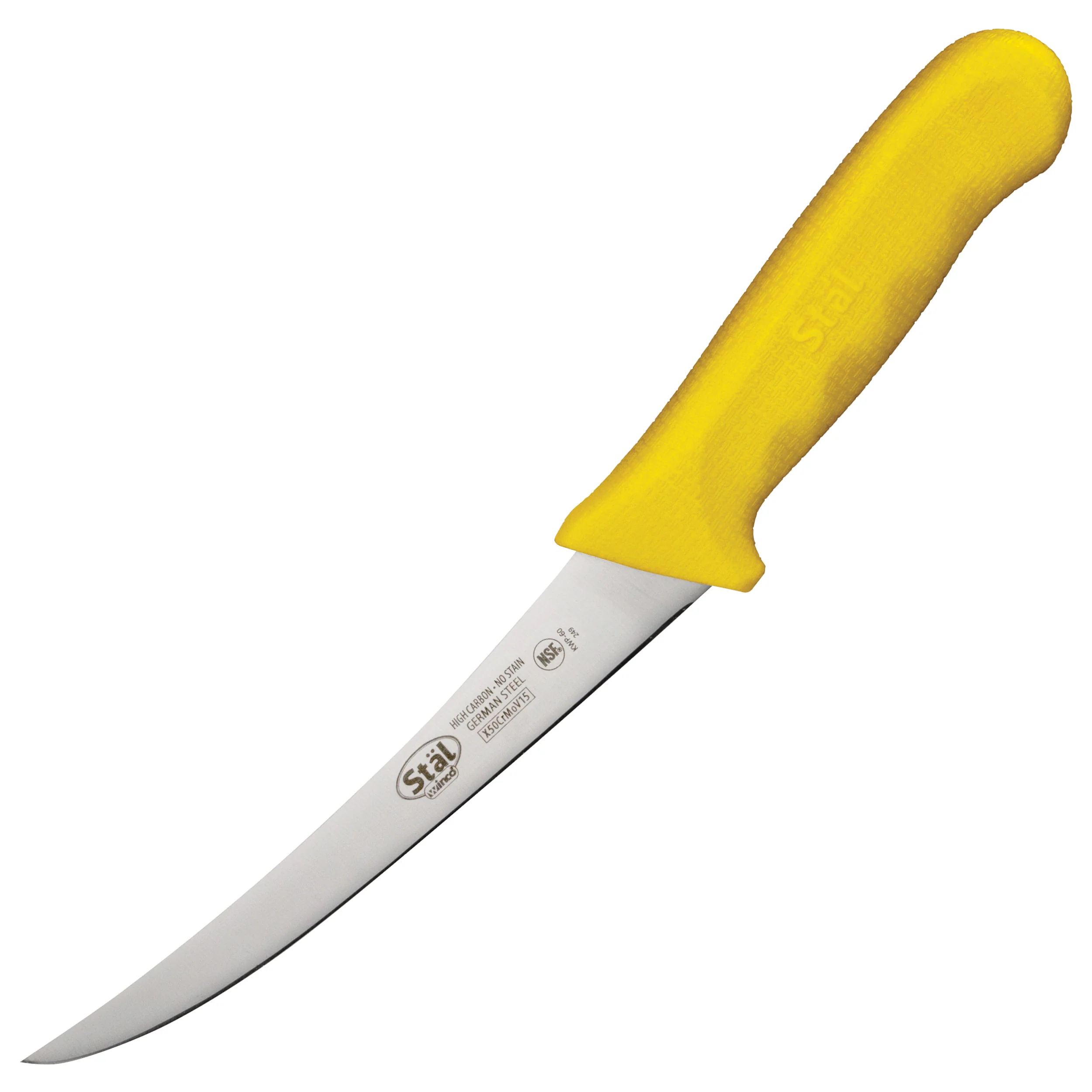 Winco KWP-60Y 6 Inch Blade 11-1/4 Inch Overall Length Boning Knife Yellow Polypropylene Handle High Carbon No-Stain Steel with Curved Flexible Design - Image 2