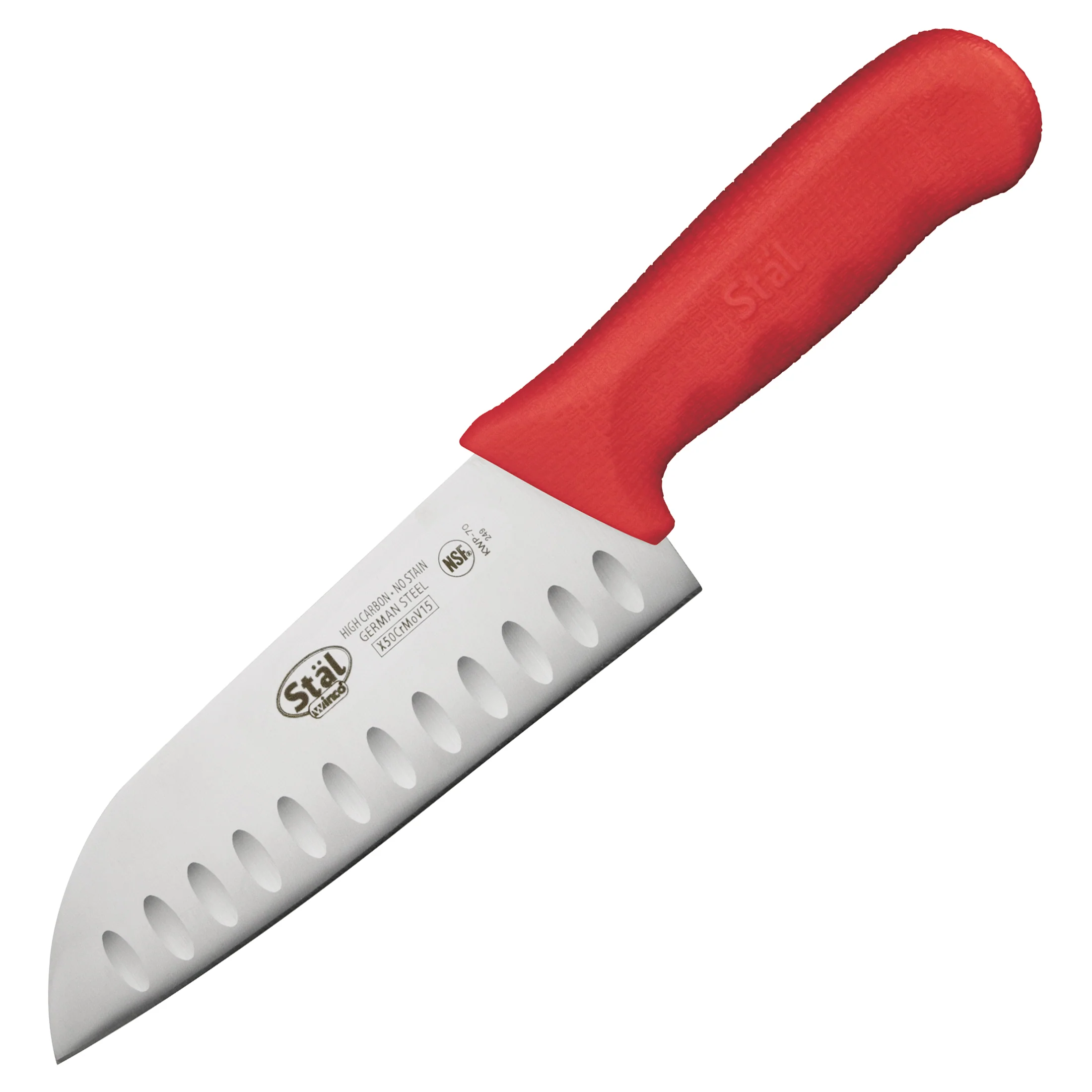 Winco KWP-70R 7 Inch Blade 11-3/4 Inch Overall Length Santoku Knife Polypropylene Red High Carbon Steel - Image 2
