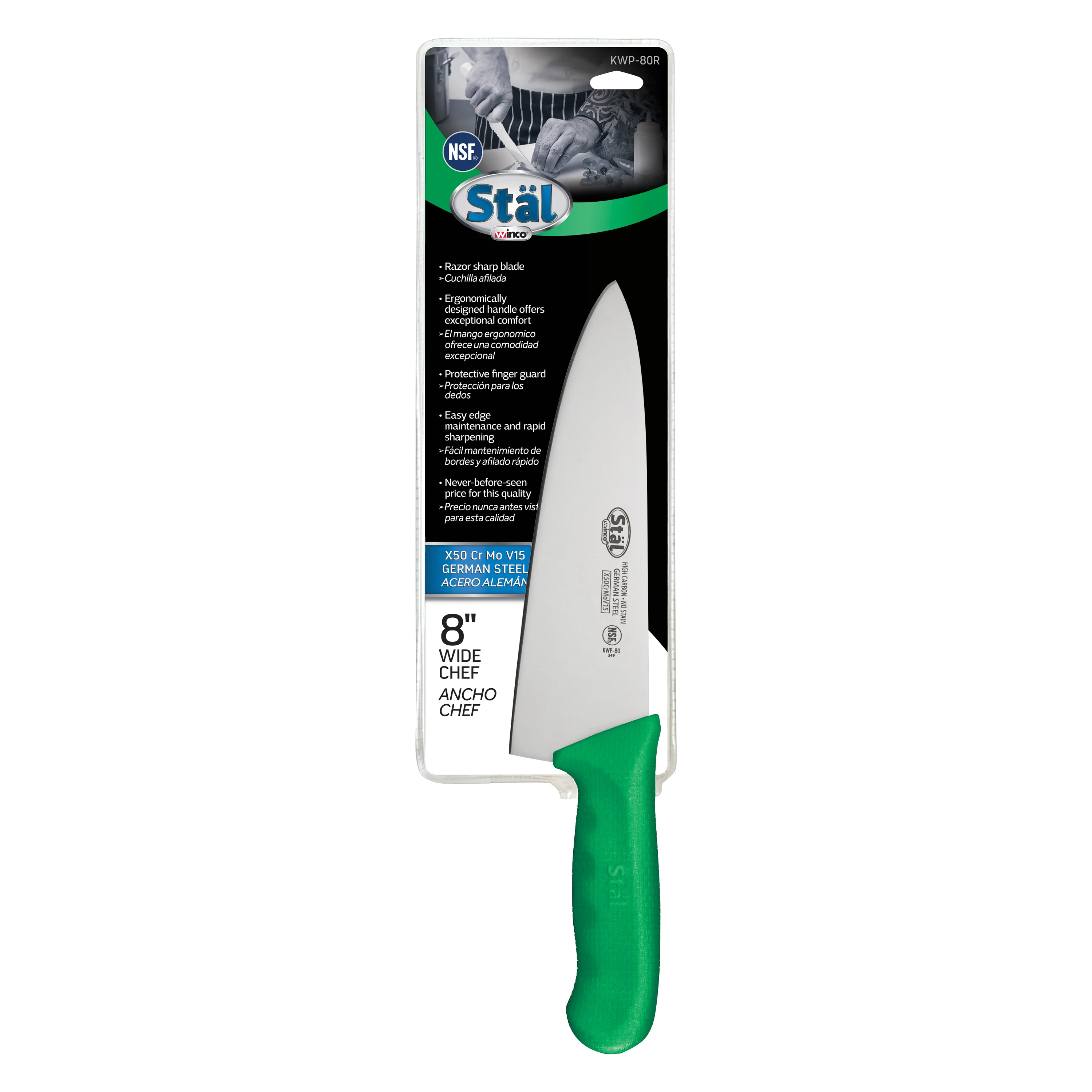 Winco KWP-80G 8 Inch Blade Green Polypropylene Handle Chef Knife - Image 2