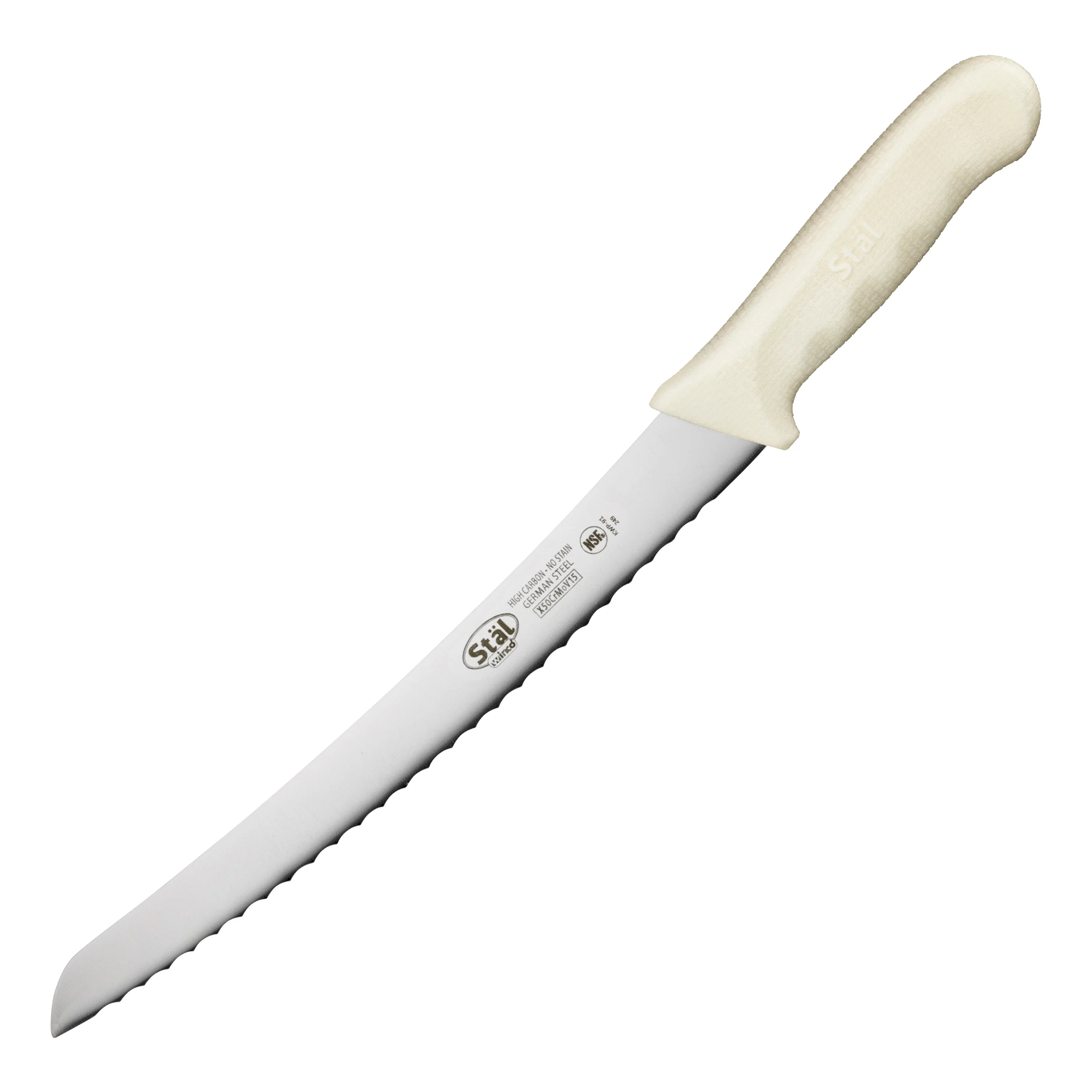 Bread Knife 9-1/2 Inch - Winco KWP-91 Curved High-Carbon Steel, White Handle