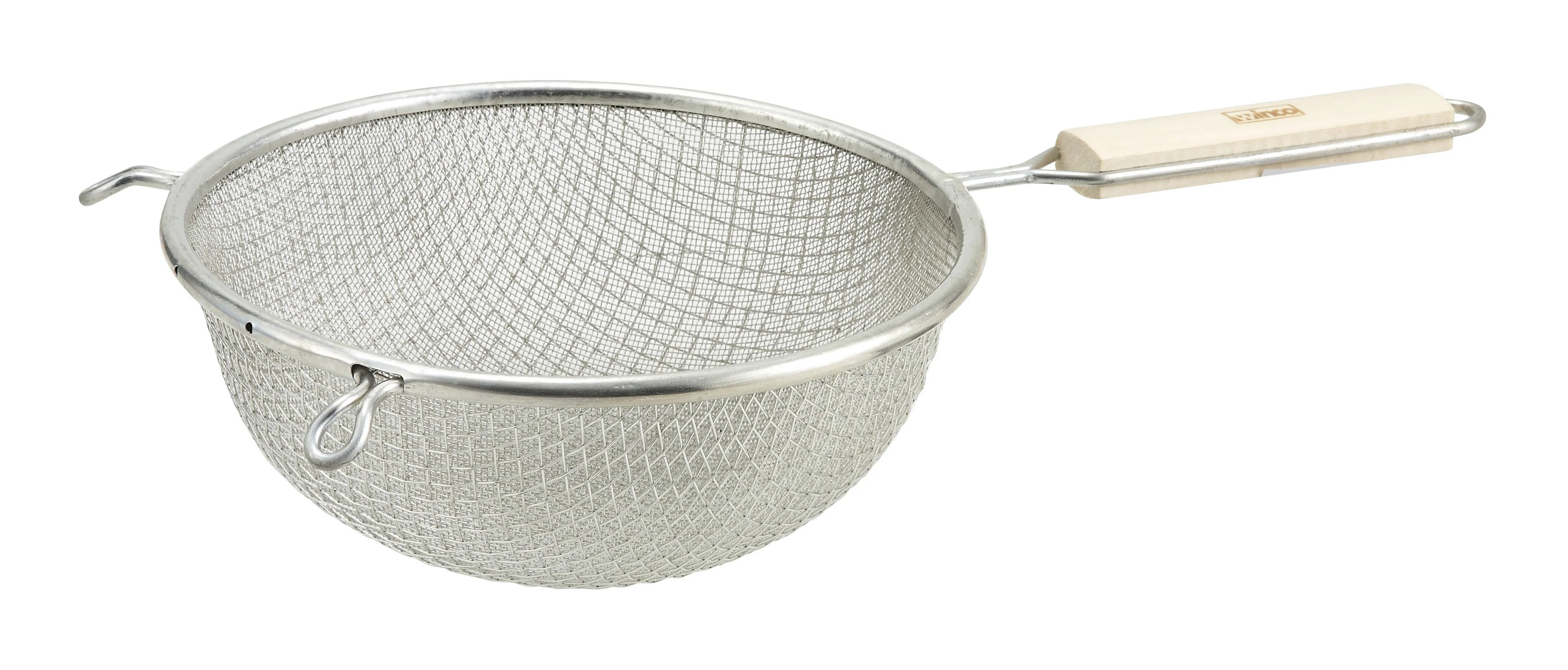 Winco MSTF-6D 6-1/4 Inch Diameter Double Tinned Mesh Strainer Wood Handle