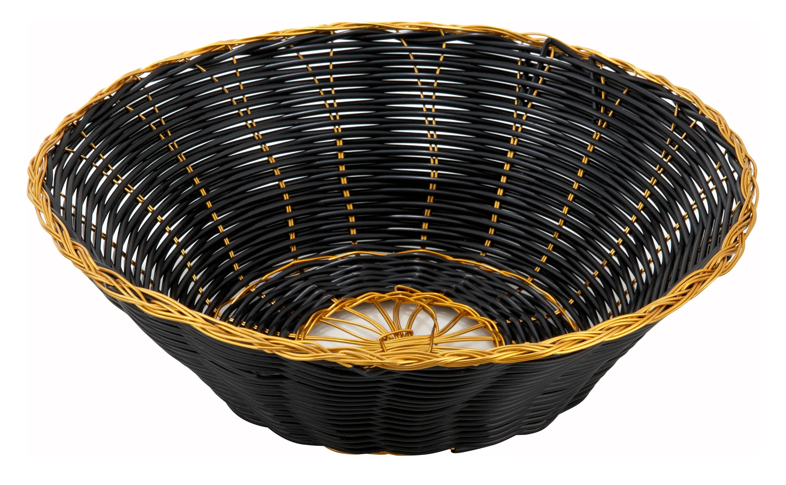 Winco PWBK-8R 8-1/2 Inch Round Woven Basket Black with Gold Trim Polypropylene - Image 2