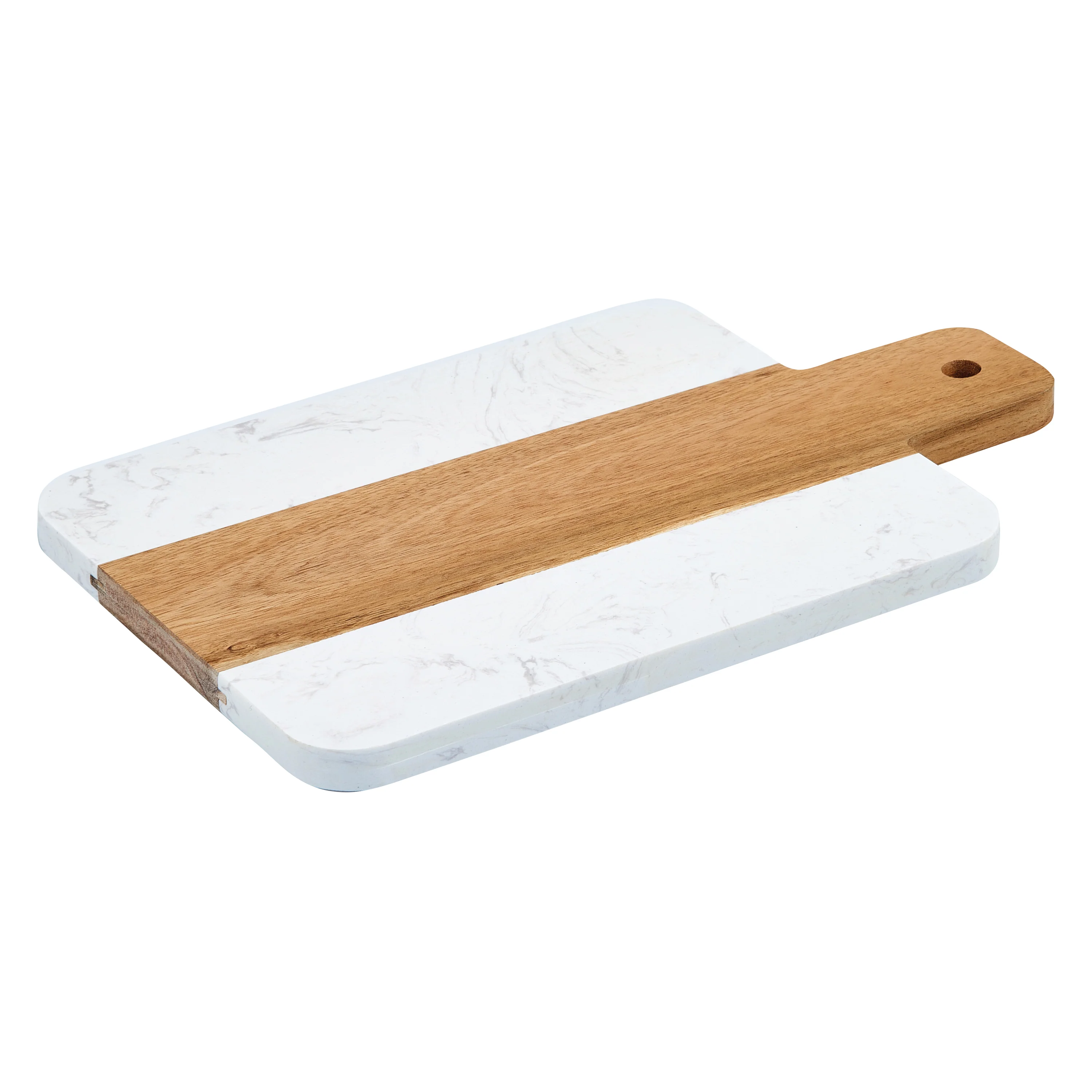 Winco SBMW-117 11-1/4 Inch Serving Board with Handle White Marble and Acacia Wood - Image 2