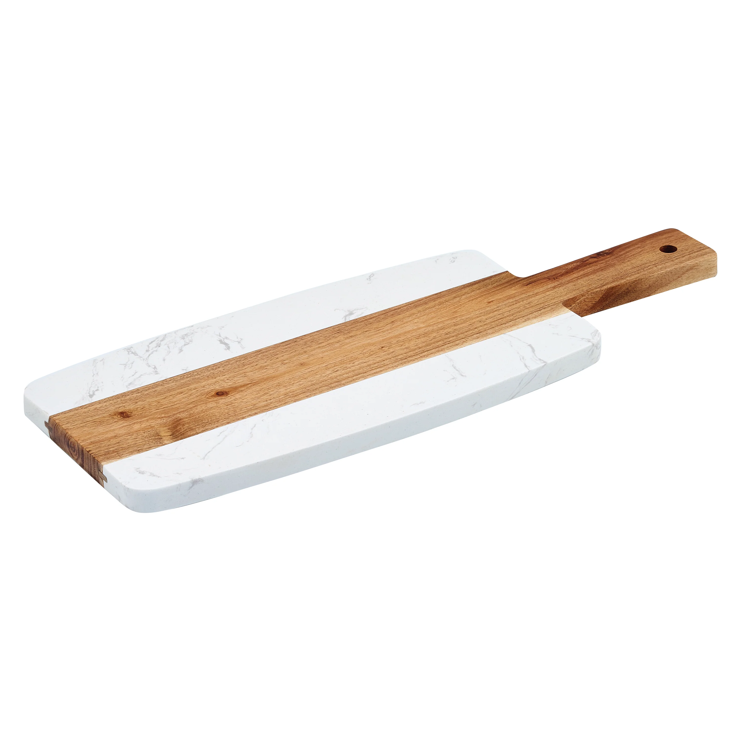 Winco SBMW-156 15-3/4 Inch Serving Board with Handle White Marble Acacia Wood - Image 2
