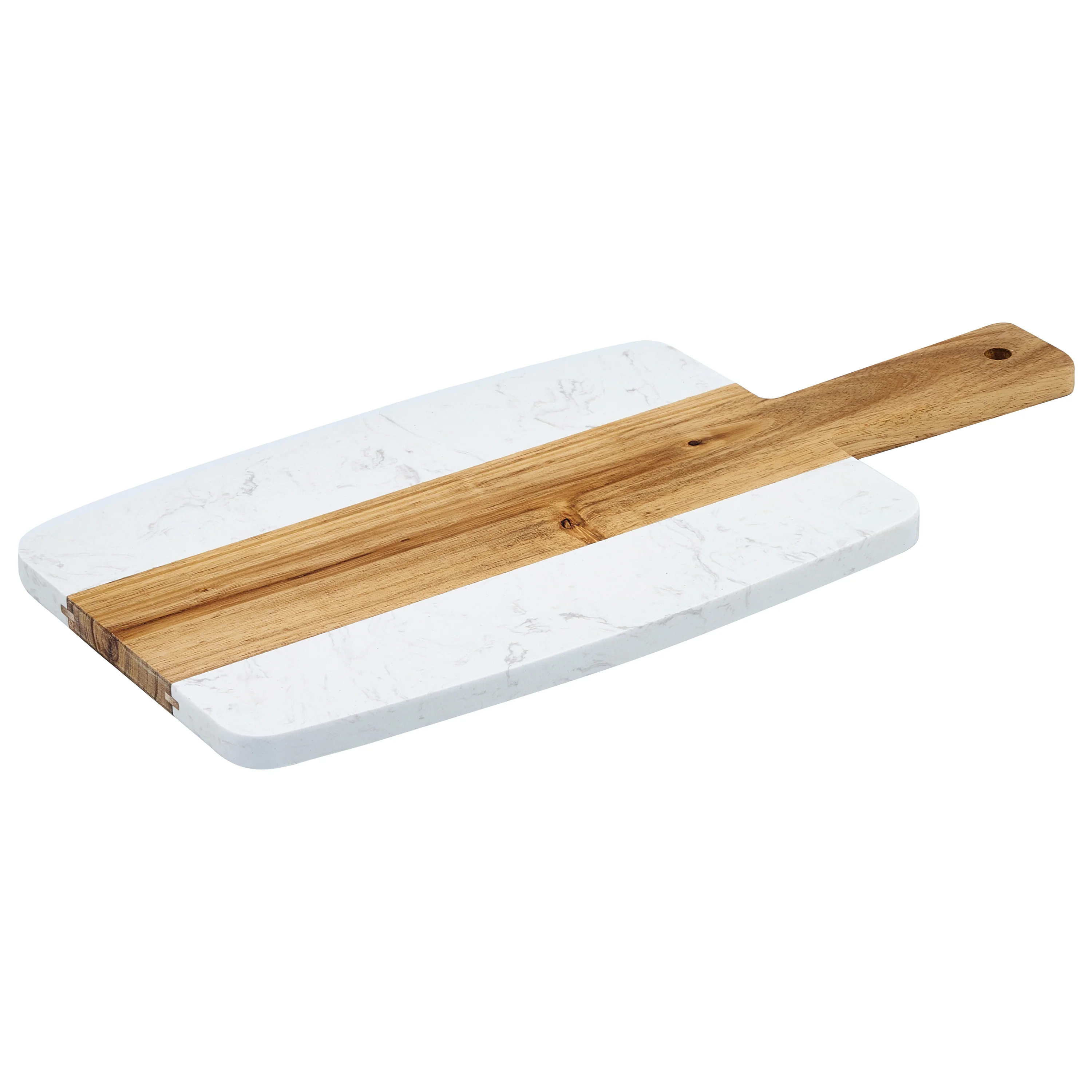 Winco SBMW-157 15 Inch Rectangular Serving Board with Handle White Marble and Acacia Wood - Image 2