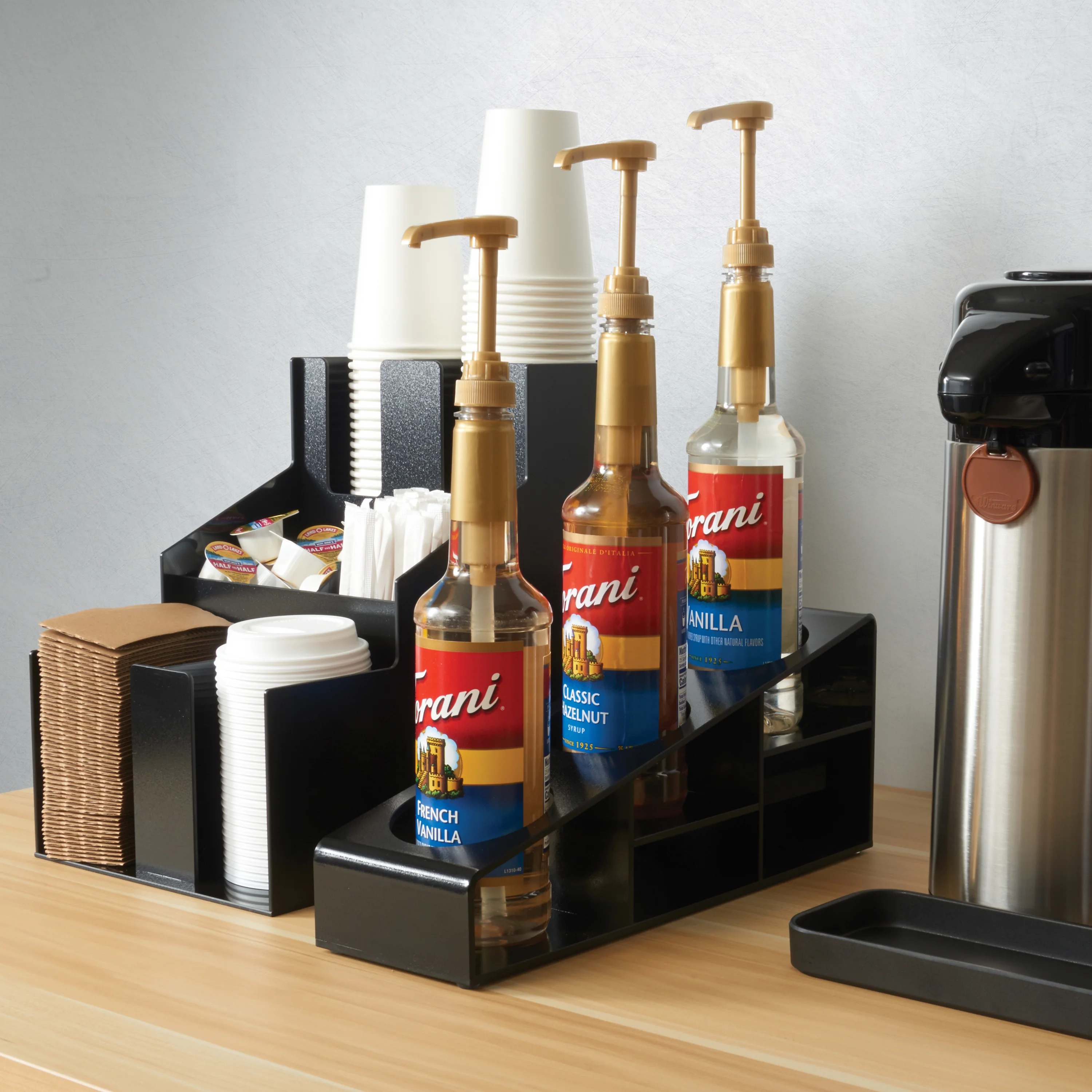 Winco SBO-3C Syrup/Condiment Bottle Organizer, 3-Compartments, 3.5"Dia, Plastic, Black - Image 4