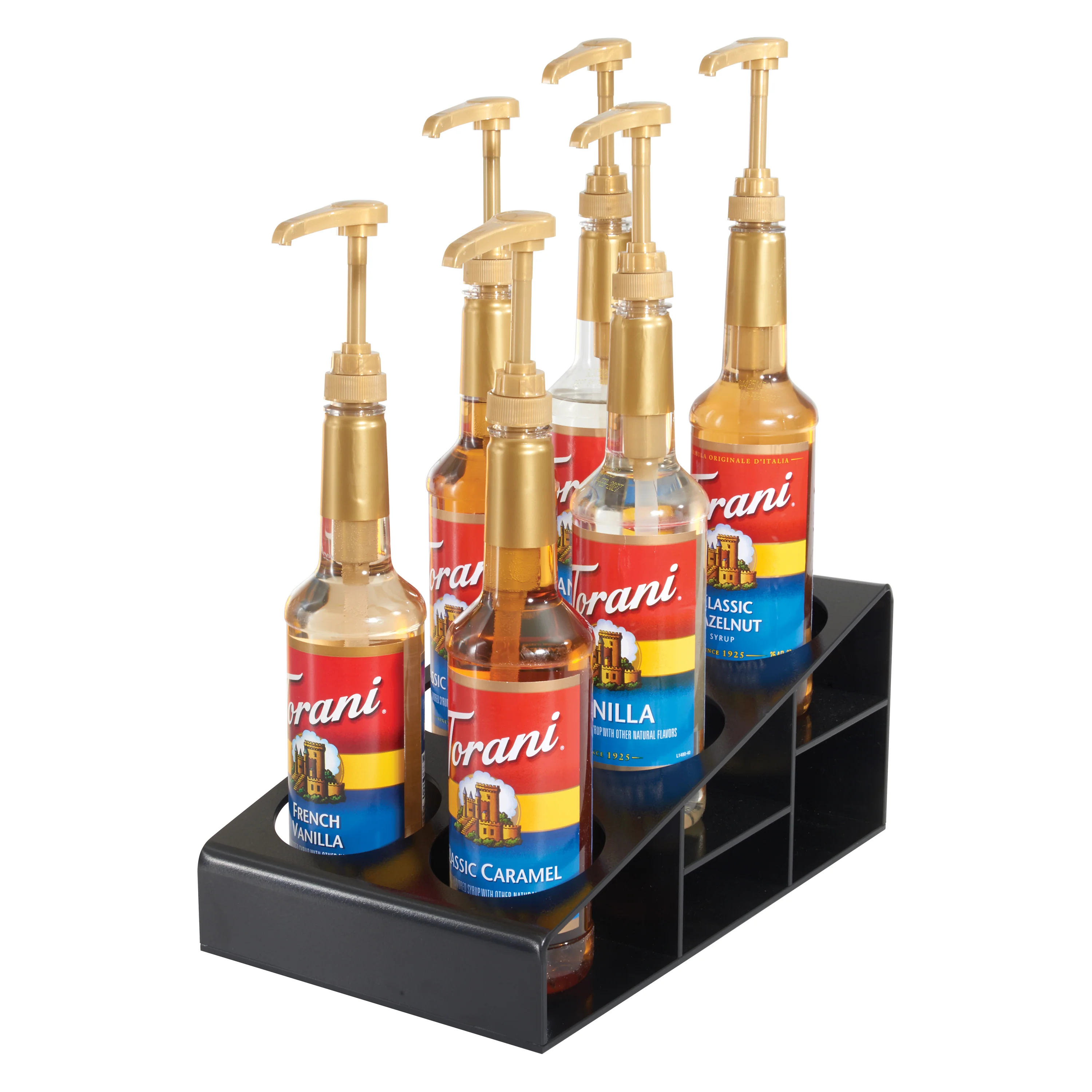 Winco SBO-6C Syrup/Condiment Bottle Organizer, 6-Compartments, 3.5"Dia, Plastic, Black - Image 2