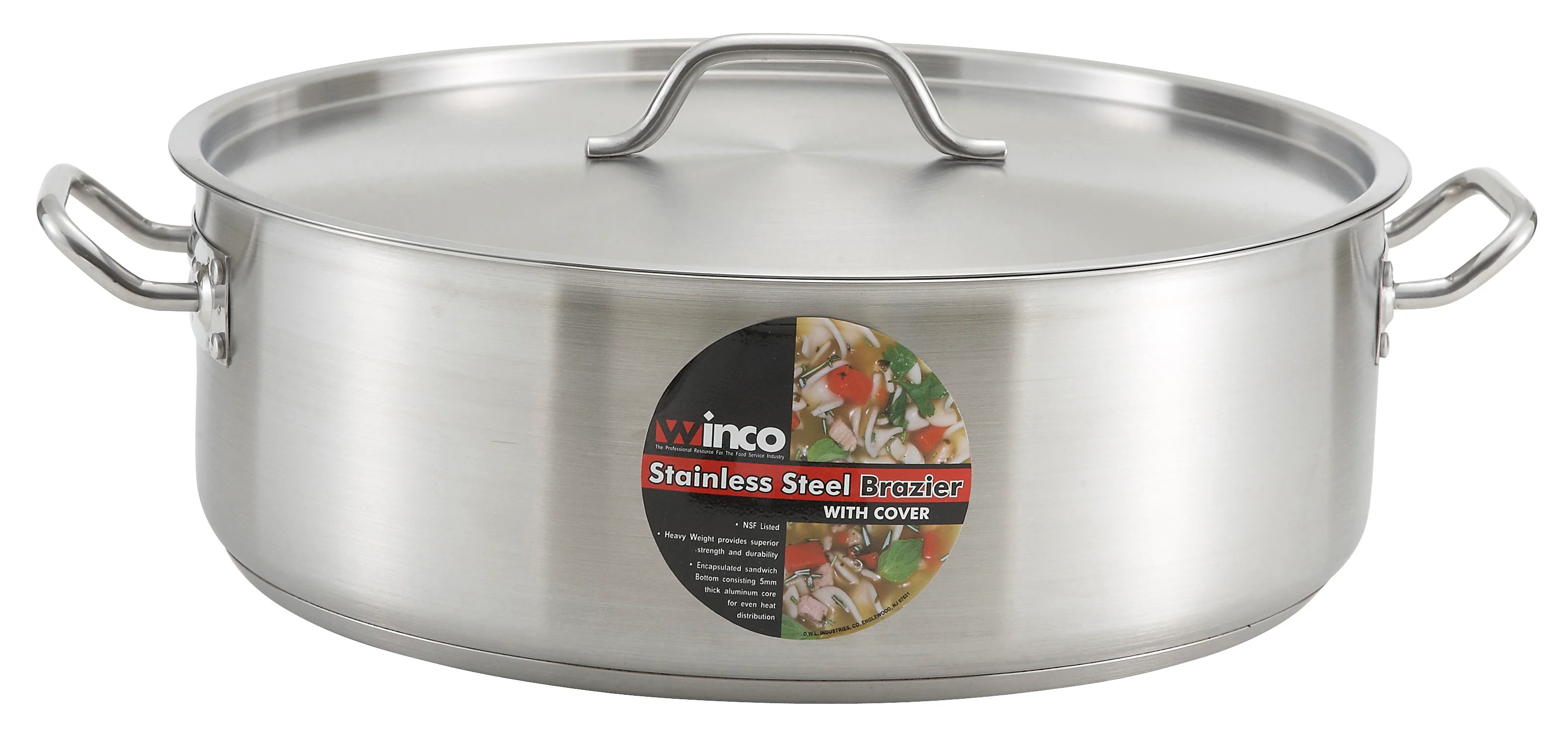 Commercial Brazier Pan 20 Qt - Winco SSLB-20 Tri-Ply Stainless with Cover - Image 4