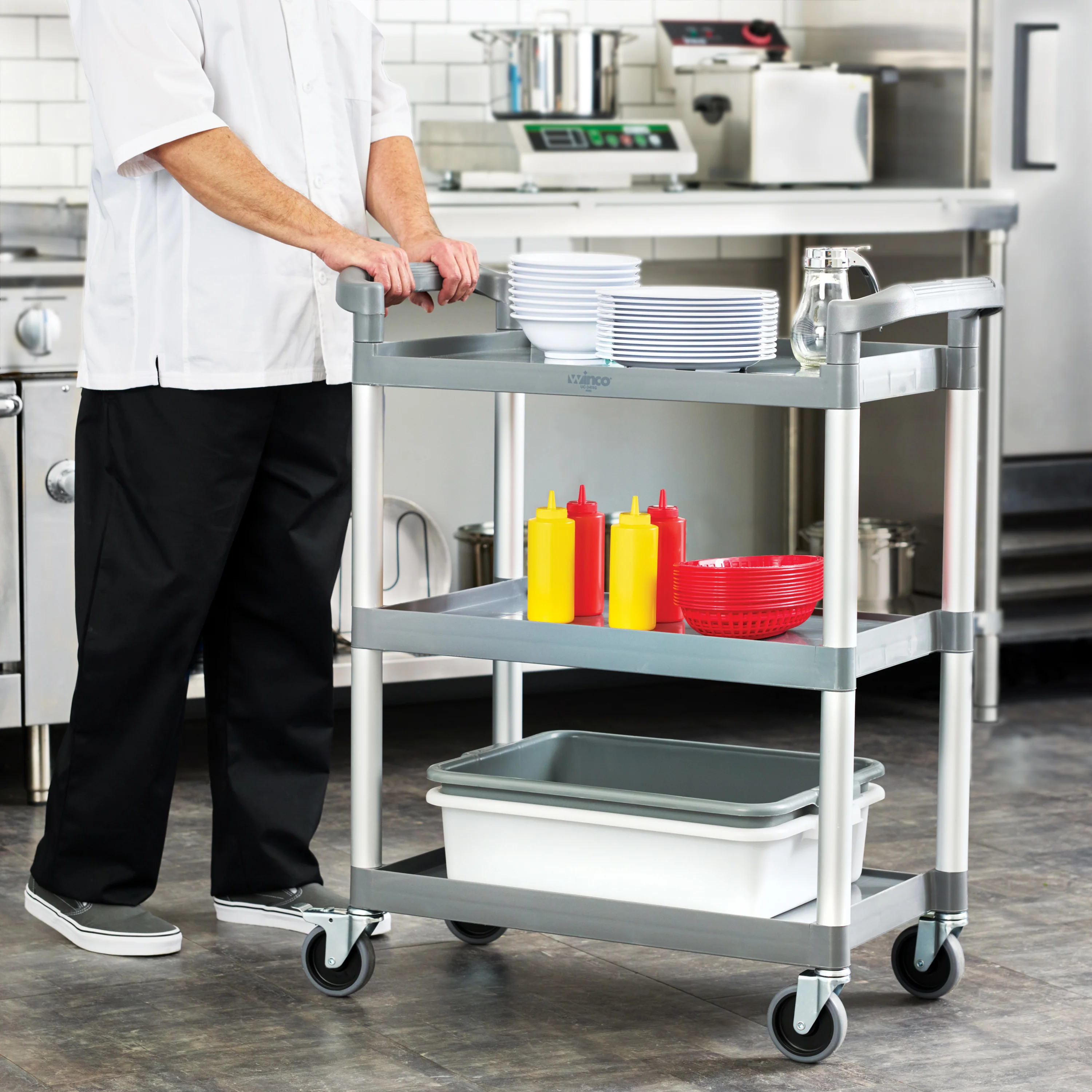 Winco UC-2415G 32 Inch Utility Cart 3-tier Plastic Gray with 330 lb Capacity - Image 2