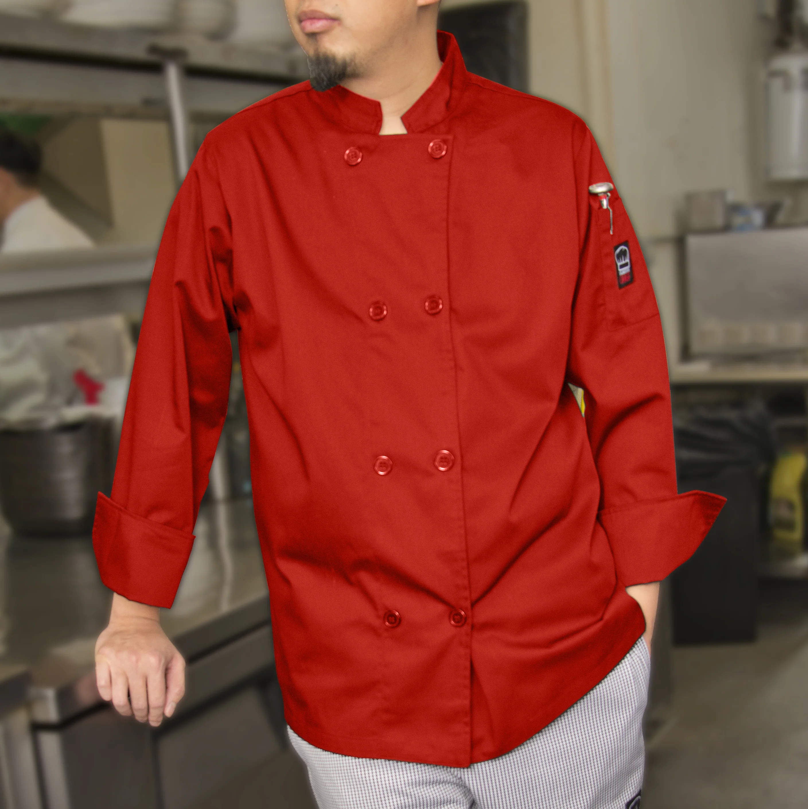 Winco UNF-6RM Chef's Coat Medium Red Tapered Fit Double Breasted with Pocket Poly-Cotton - Image 2