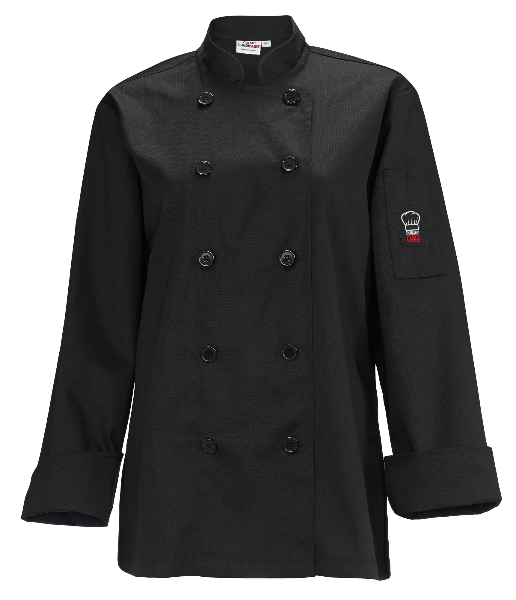 Winco UNF-7KM Medium Women's Chef Jacket Tapered Fit Black Poly-Cotton with Thermometer Pocket - Image 2