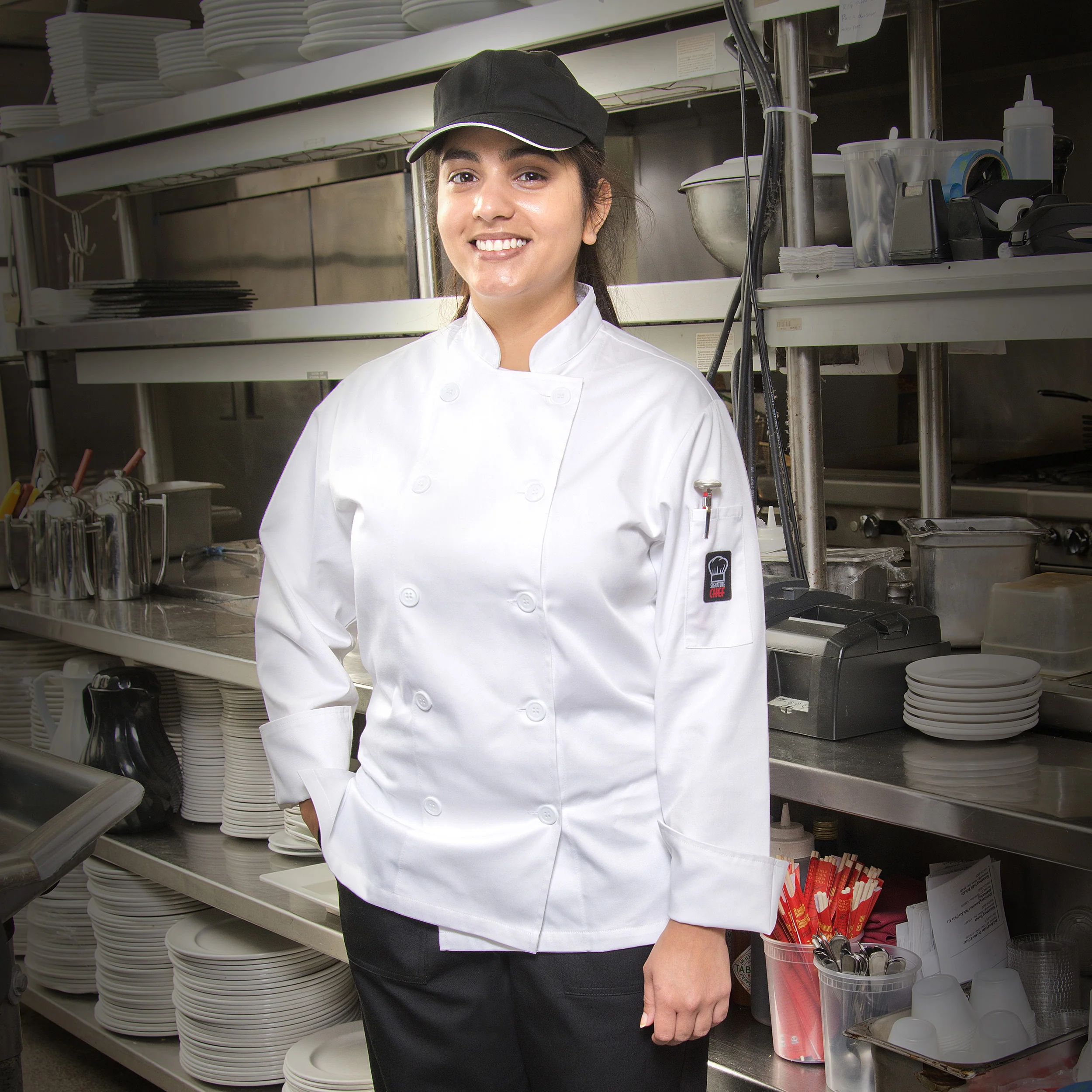 Winco UNF-7WM Medium Women's Chef Jacket Tapered Fit Double Breasted with Pocket Poly-Cotton White - Image 3