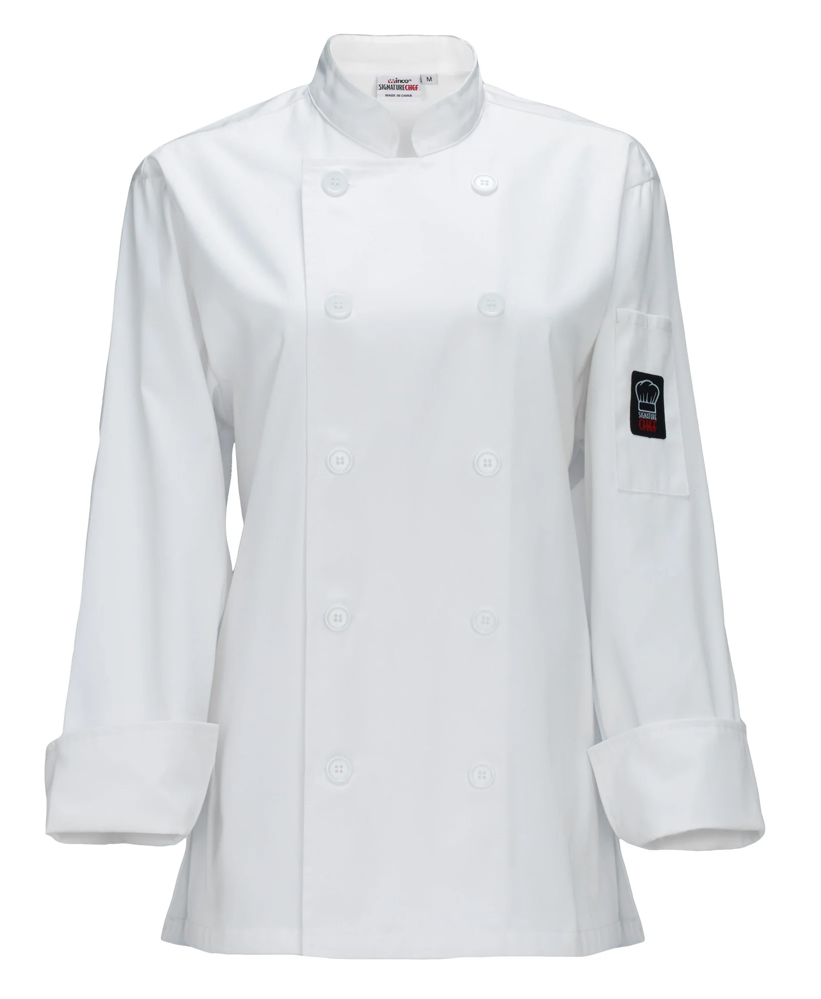 Winco UNF-7WM Medium Women's Chef Jacket Tapered Fit Double Breasted with Pocket Poly-Cotton White - Image 4