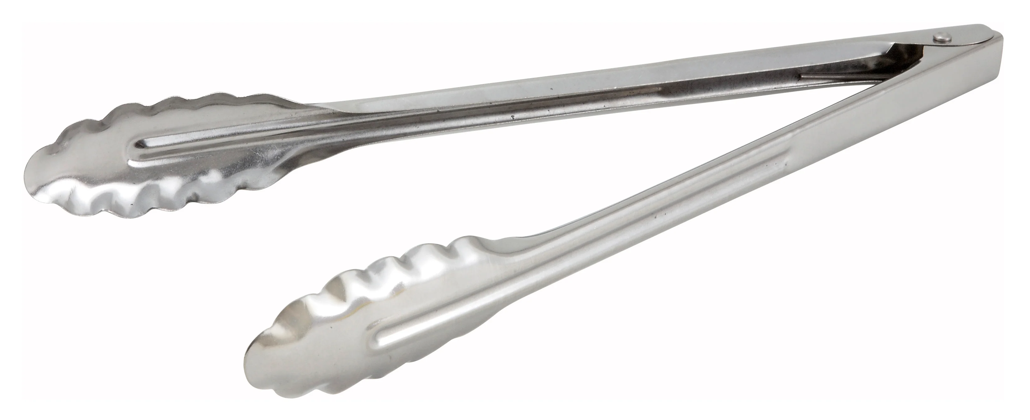 Winco UT-12LT 12 Inch Utility Tongs Coiled Spring Medium Weight Stainless Steel with Scalloped Edge - Image 2
