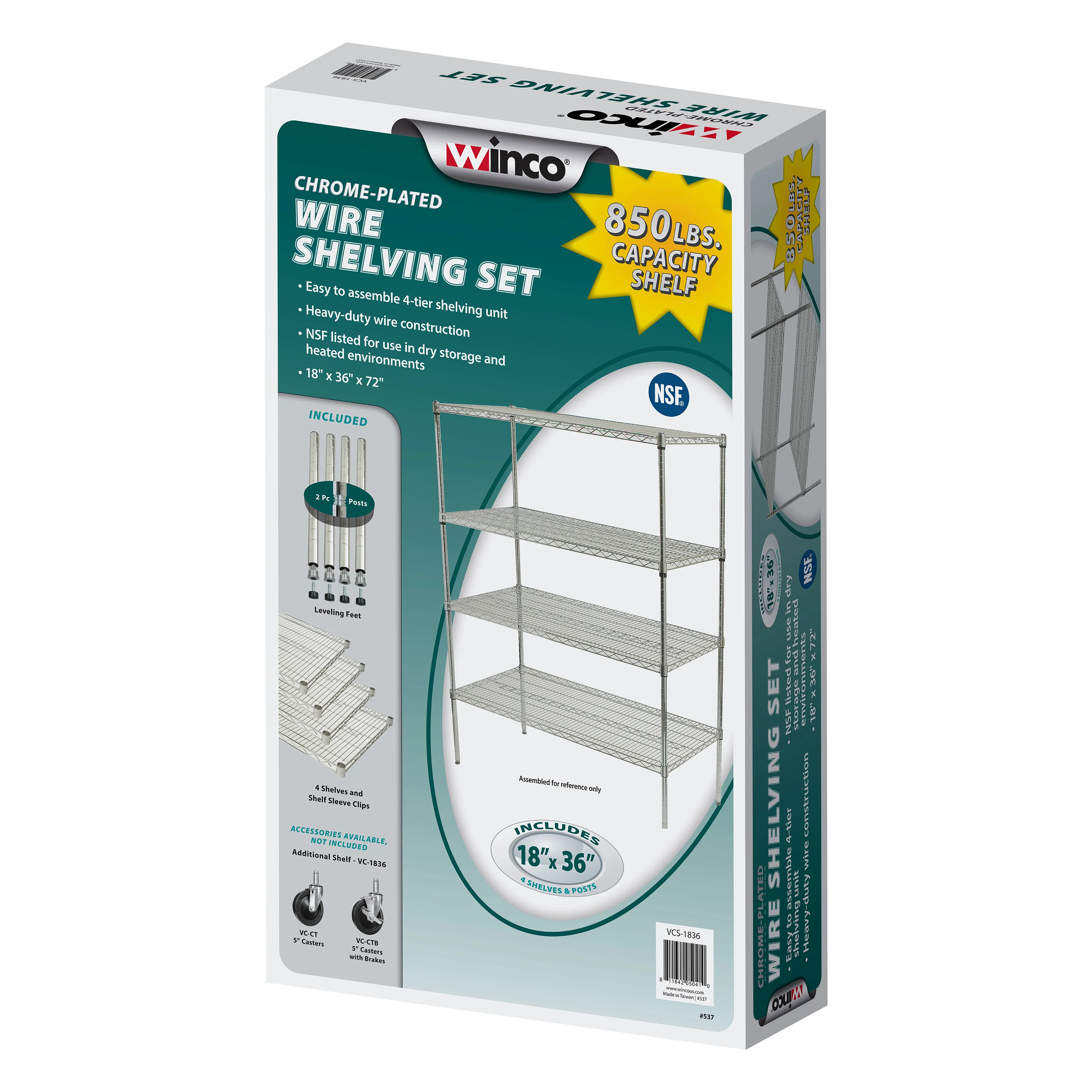 Winco VCS-2436 36 Inch 4 Tiers Wire Shelving Set Chrome Plated Steel - Image 2