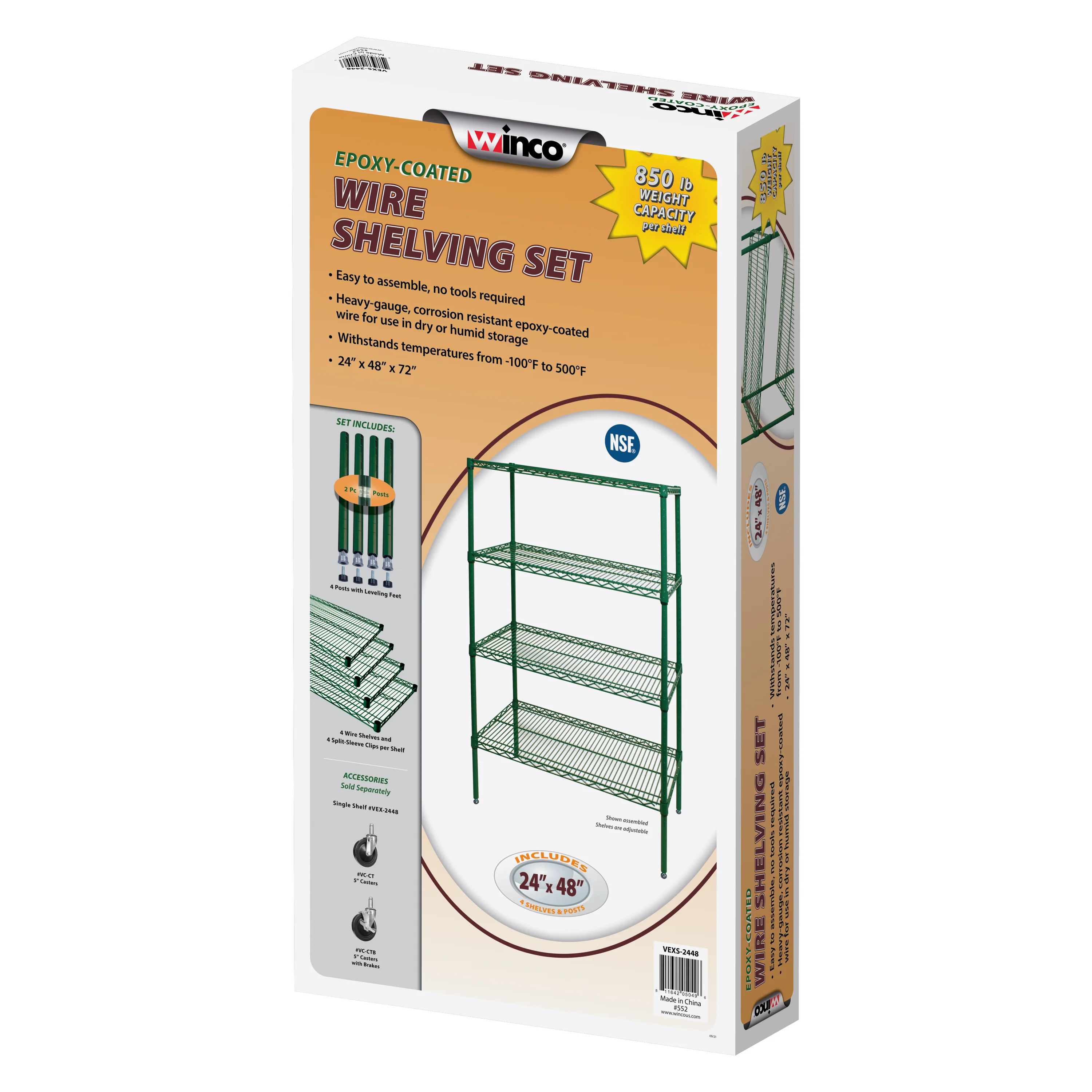 Winco VEXS-2448 48 Inch Wire Shelving Set 4 Tiers Epoxy Coated - Wire Shelving Unit - Image 2