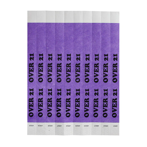 Winco WB-OVER21 Bar Maid Waterproof Tear-Free Wristbands - OVER 21 (Purple/Black) (500 Pieces/Pack) - Image 2