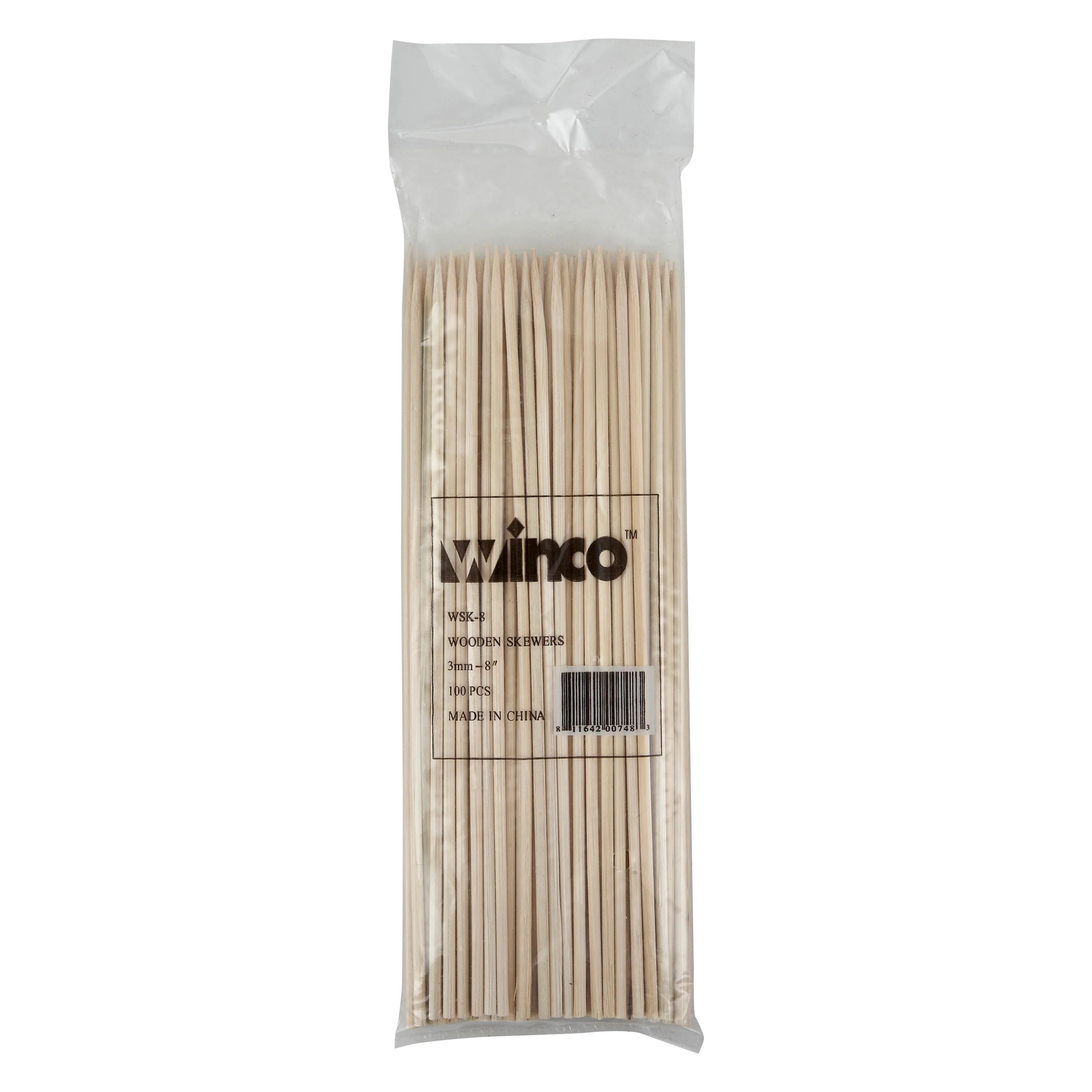 Winco WSK-08 8 Inch Bamboo Skewers Biodegradable 100 Count Bag